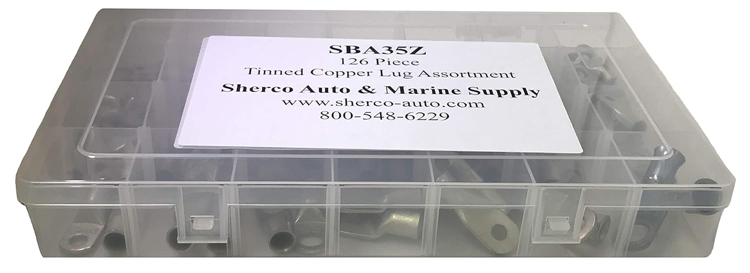 Sherco-Auto 126 Piece with 28 Sizes - Tinned Copper Lug Battery Cable Wire Ring Connector Assortment Kit - Strong Crimp Connectors - Made in USA