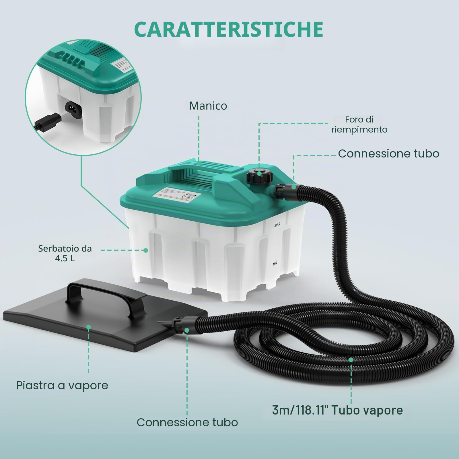 Vaporizzatore per carta da parati 2300 W Serbatoio da 4.5 L tempo di vapore max. 70 min Sverniciatore a vapore per carta da parati per vinile rivestimenti multipli vernice rivestimenti testurizzati