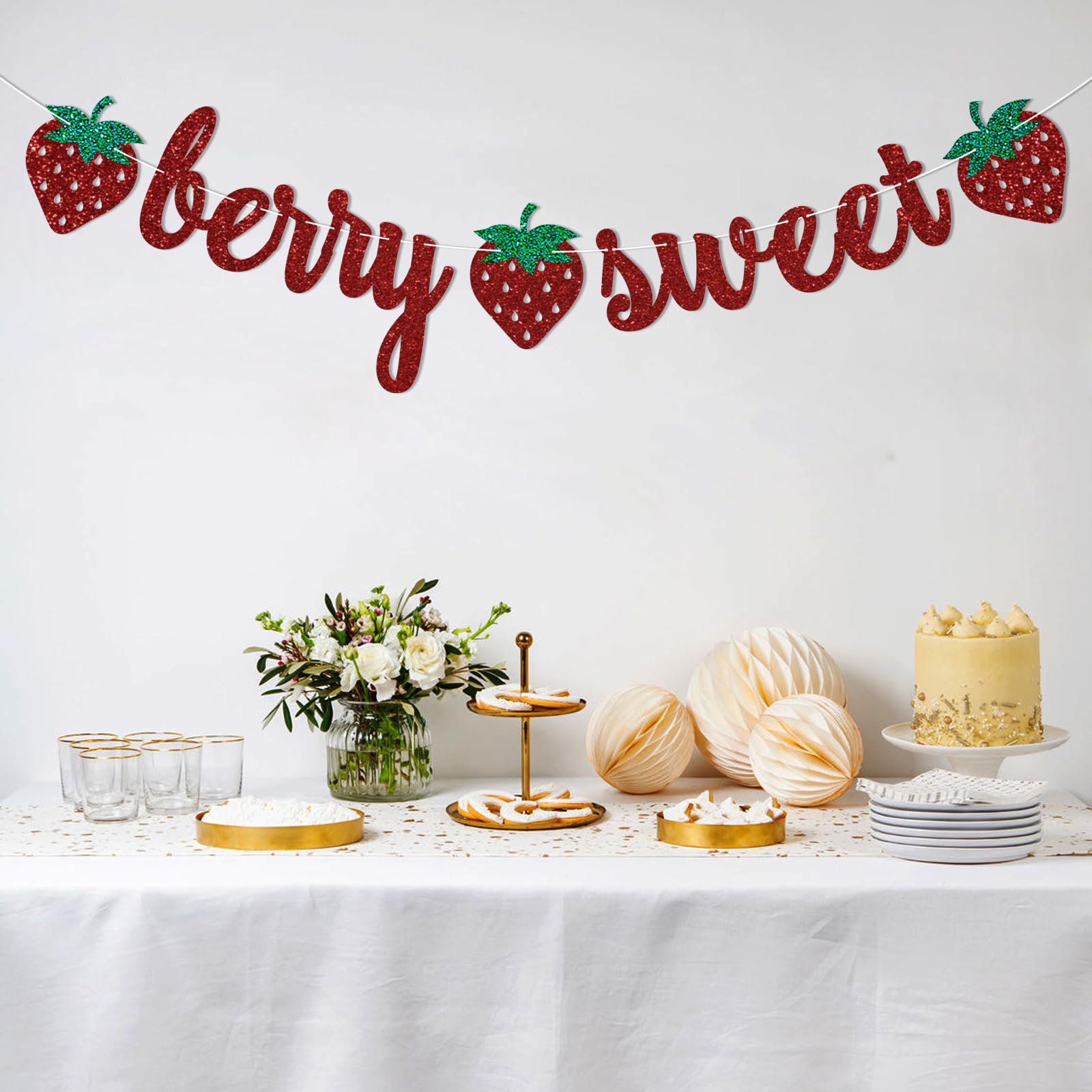 Strawberry Baby Shower Banner - 'A Berry Sweet Baby Is On The Way' Glitter Decor