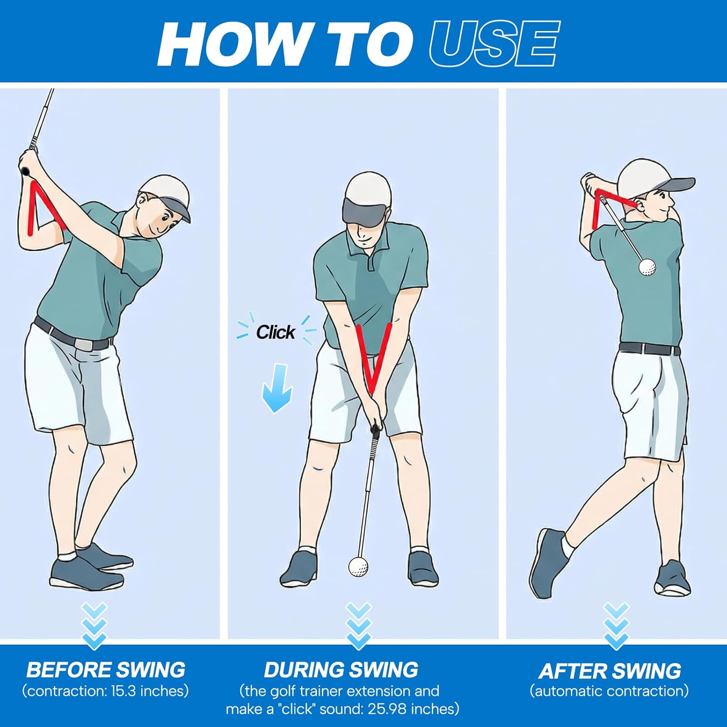 5-in-1 Retractable Golf Swing Trainer – Right/Left-Handed Golf Training Aid with Arm Band Swing Mechanics for Beginners & Tempo Training for Advanced, Click Feedback, Arm Connection