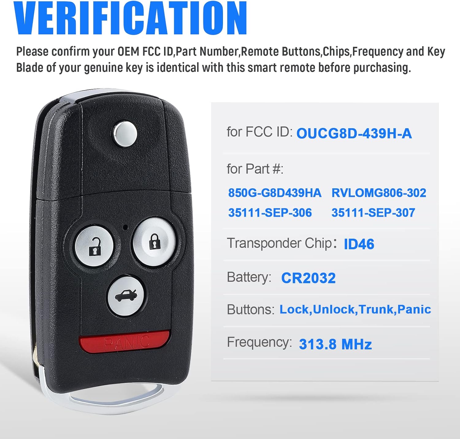 Keymall keyless Entry Replacement Flip Key Fob for Acura TL 2007 2008 (FCC ID:OUCG8D-439H-A 850G-G8D439HA) ID46 Chip 4B