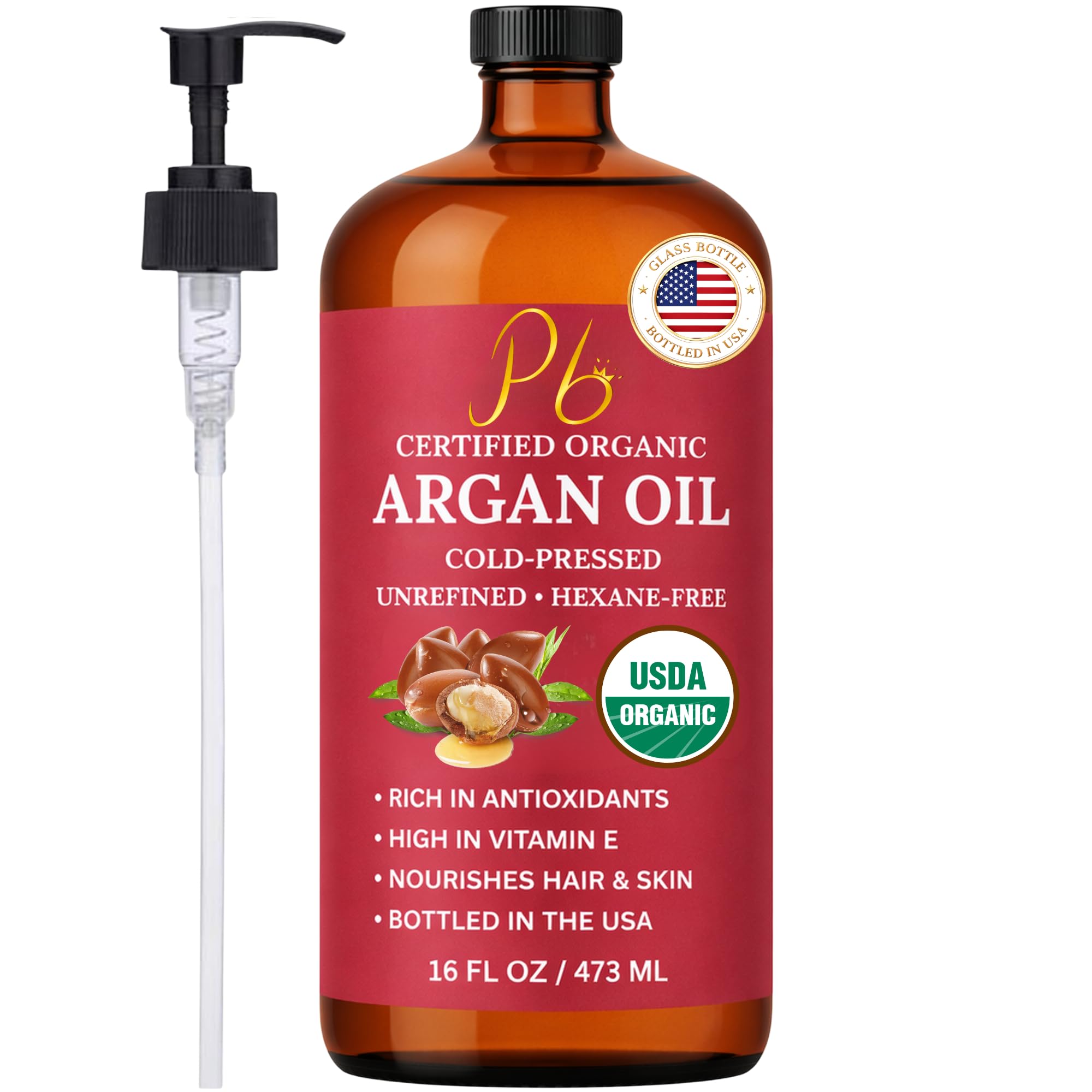 Pomberries Argan Oil – USDA Organic, 100% Pure, Cold-Pressed & Unrefined Moroccan Argan Oil for Hair, Face & Skin, Organic Argan Oil Hair Treatment