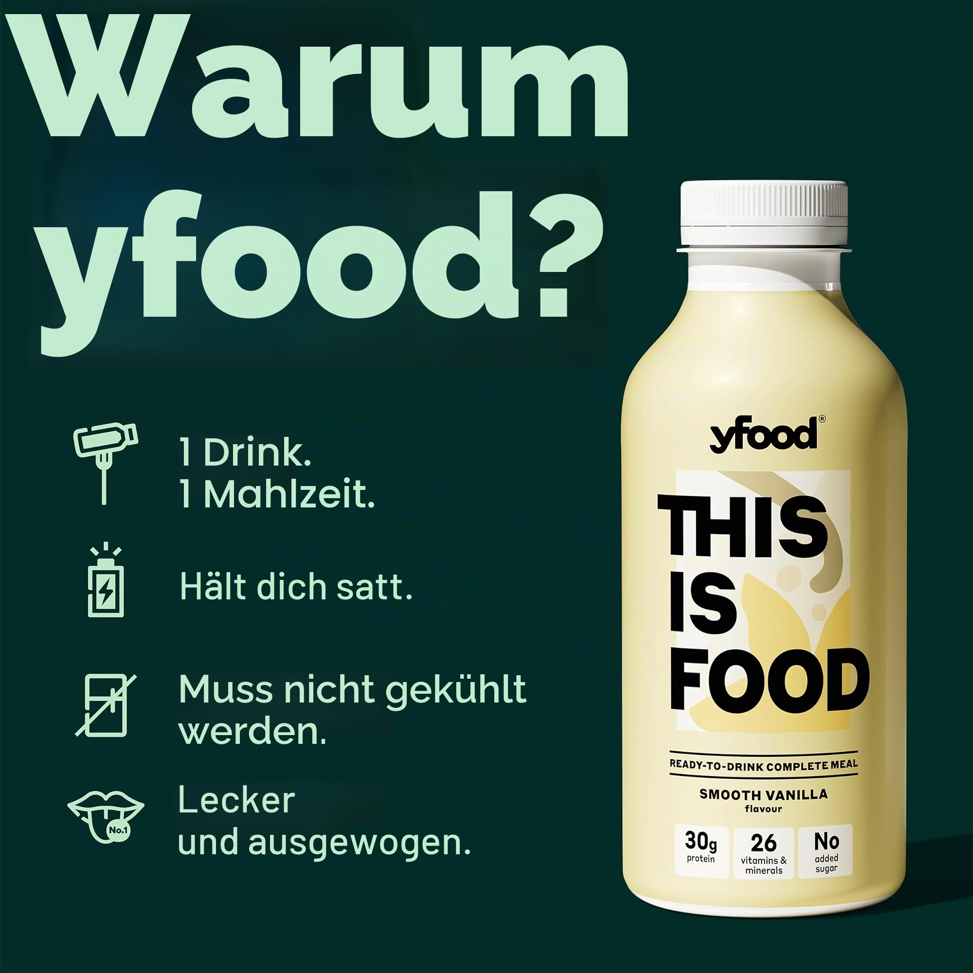 YFood Astronautennahrung Vanille | Laktose- und glutenfreier Nahrungsersatz | 34g Protein, 26 Vitamine & Mineralstoffe | 25% des Kalorienbedarfs | Trinkmahlzeit, 12 x 500 ml (1 kcal/ml)