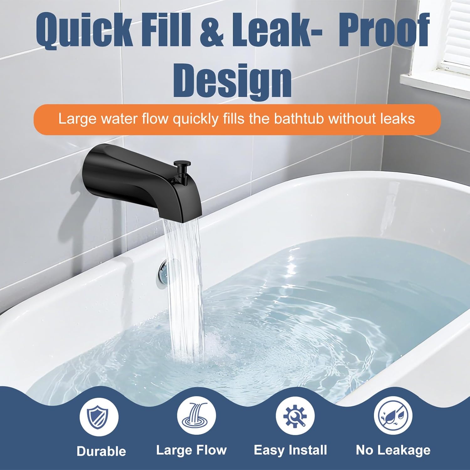 Universal Bathtub Tub Spout with Diverter, Fits 1/2" Slip-Fit Copper Pipe Connection, Pull Down Bathtub Faucet Spout Replacement, Easy Installation (Matte Black)