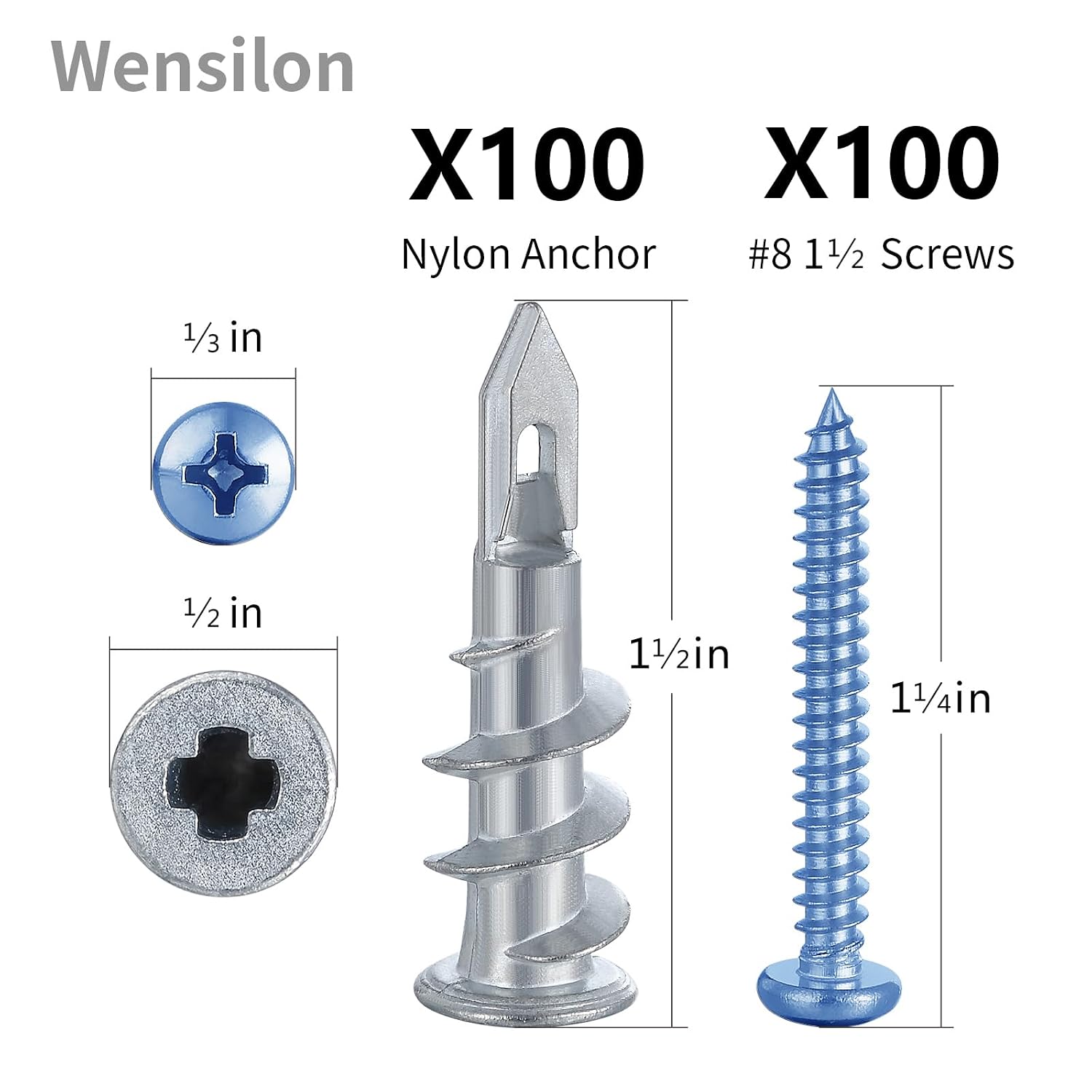 Wensilon Self Drilling Drywall Anchors with Screws, 100 Sets Heavy Duty Zinc Alloy Metal Wall Anchors, Screw-in Drywall Anchors for Hanging, Shelves, Pictures and Wall Mounting