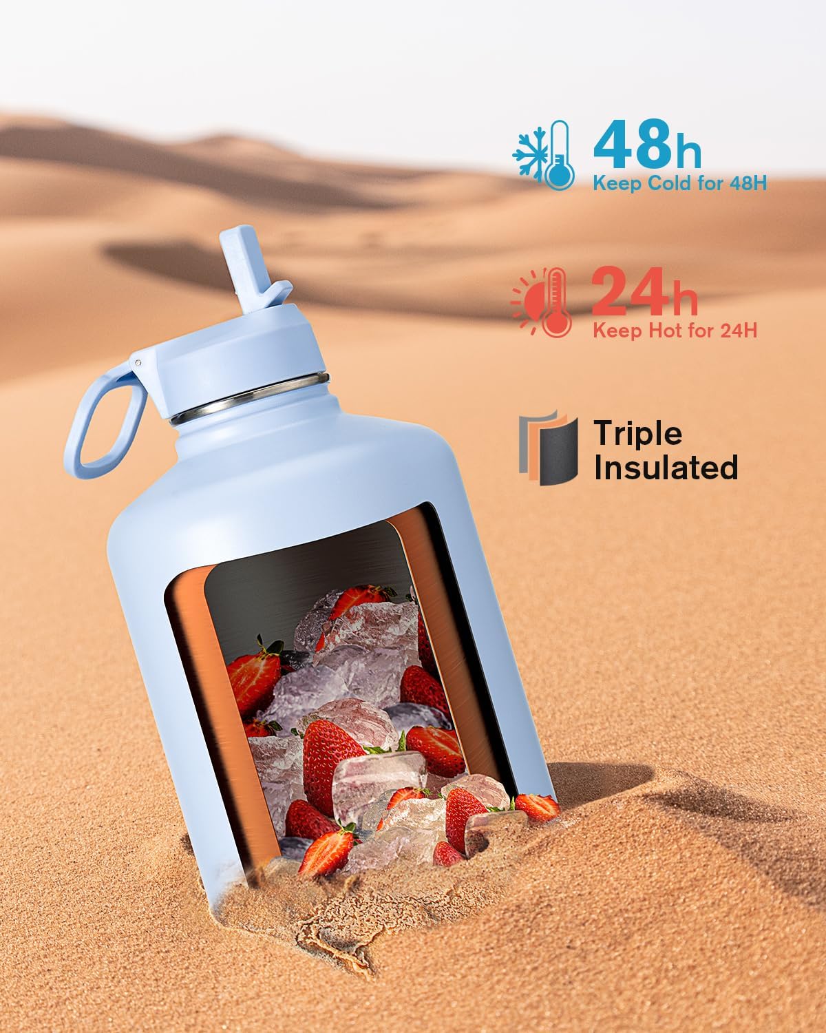 Coolflask 128 oz Gallon Water Bottle Insulated with Straw&3 Lids, Water Jug Large Stainless Steel Metal Vacuum Wide Mouth for Sports, Gym or Office, Non-BPA Keep Cold 48H Hot 24H, Light Blue