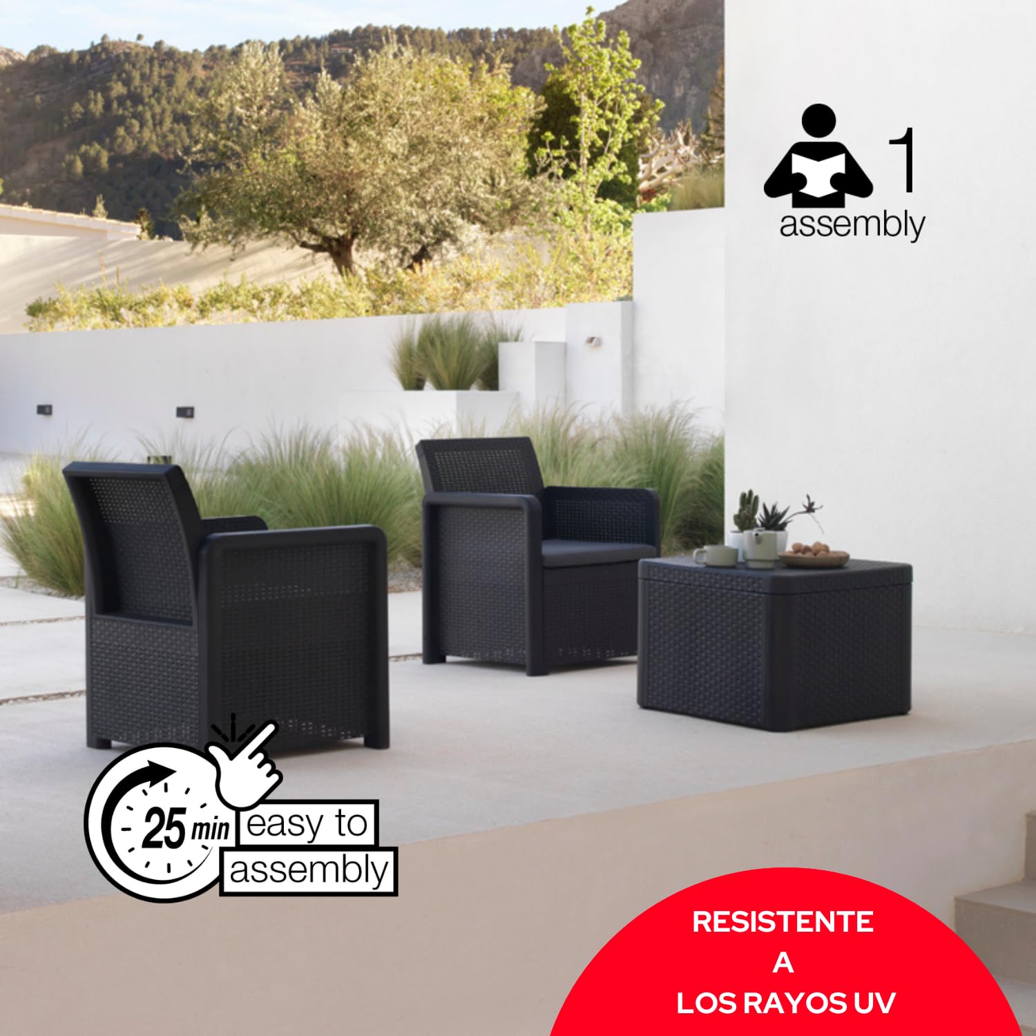 SP Berner SHAF - Conjunto Jardín Exterior y Terraza - 2 Sillones con Cojines Acolchados y Baúl de Almacenamiento Integrado en la Mesa Central - Plástico Reciclado - Set Nassau Tête-à-Tête - Grafito