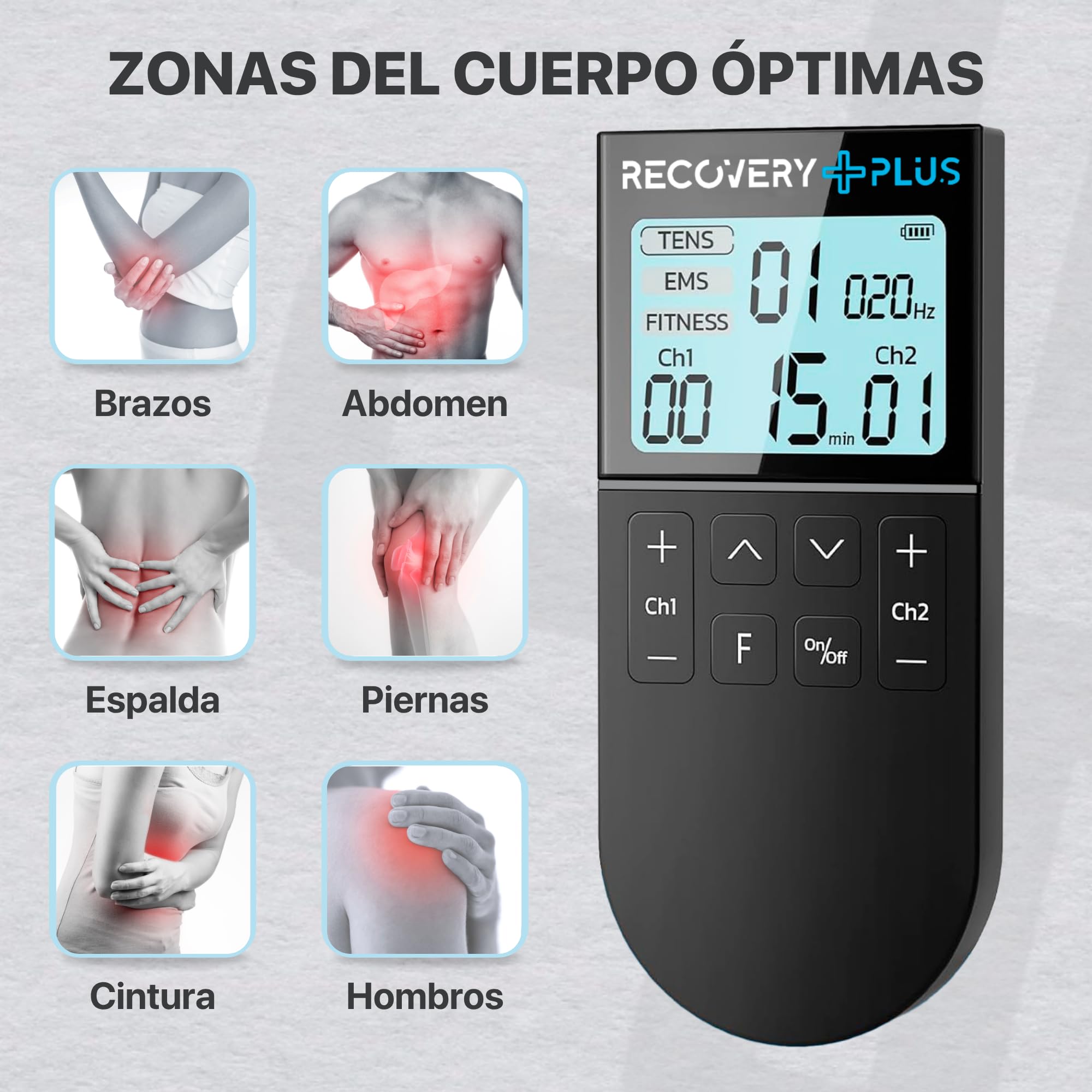 RECOVERY PLUS - Electroestimulador Muscular Digital de 50 Modos, EMS/TENS/FITNESS, Estimulador Portátil 3 en 1 con 4 Almohadillas TENS.