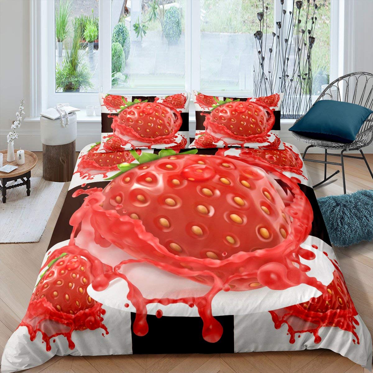 Juego de ropa de cama con diseño de fresa para niñas y niñas, con estampado de frutas tropicales, color rosa, crema y rojo