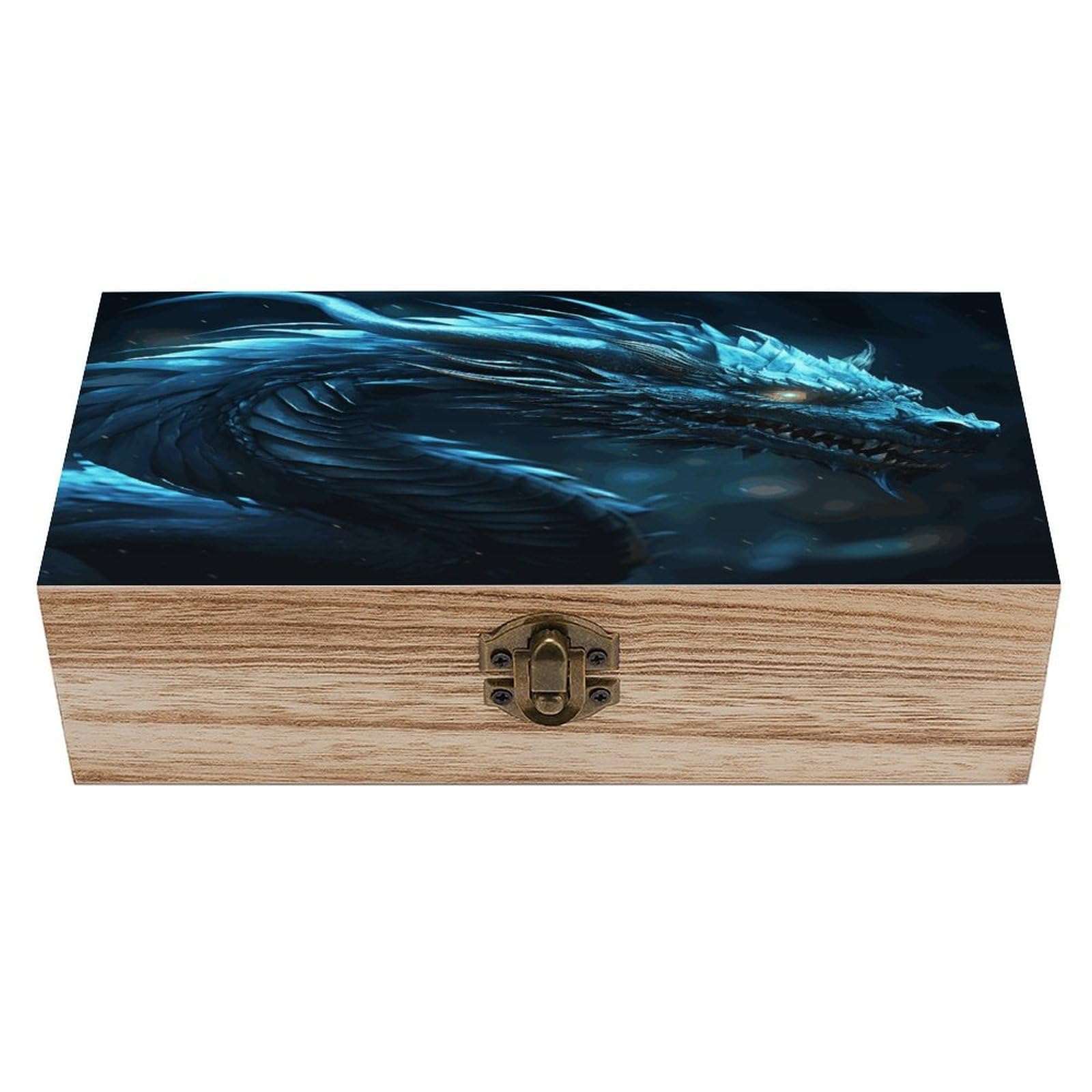 JTREHY Cyan Dragon Wooden Keepsake Box Vintage-Style Wood Keepsake Case with Hinged Lid Solid Wood Boxes Beautifully Memory Treasure Case Vintage-Style Wooden Storage Box