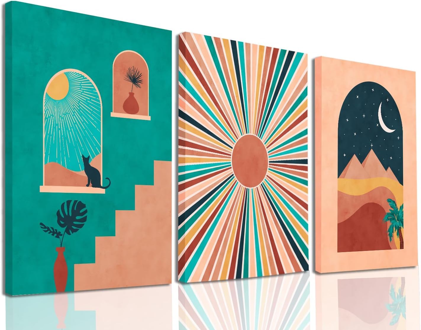 Maxsafe Green Boho Artwork Boho Wall Art Set of 3, Egypt Pyramids, Sun, Desert Boho Wall Decor Wall Decor Framed Archway Poster for Living Room, Bedroom, Bathroom, Office - (12x16inch)