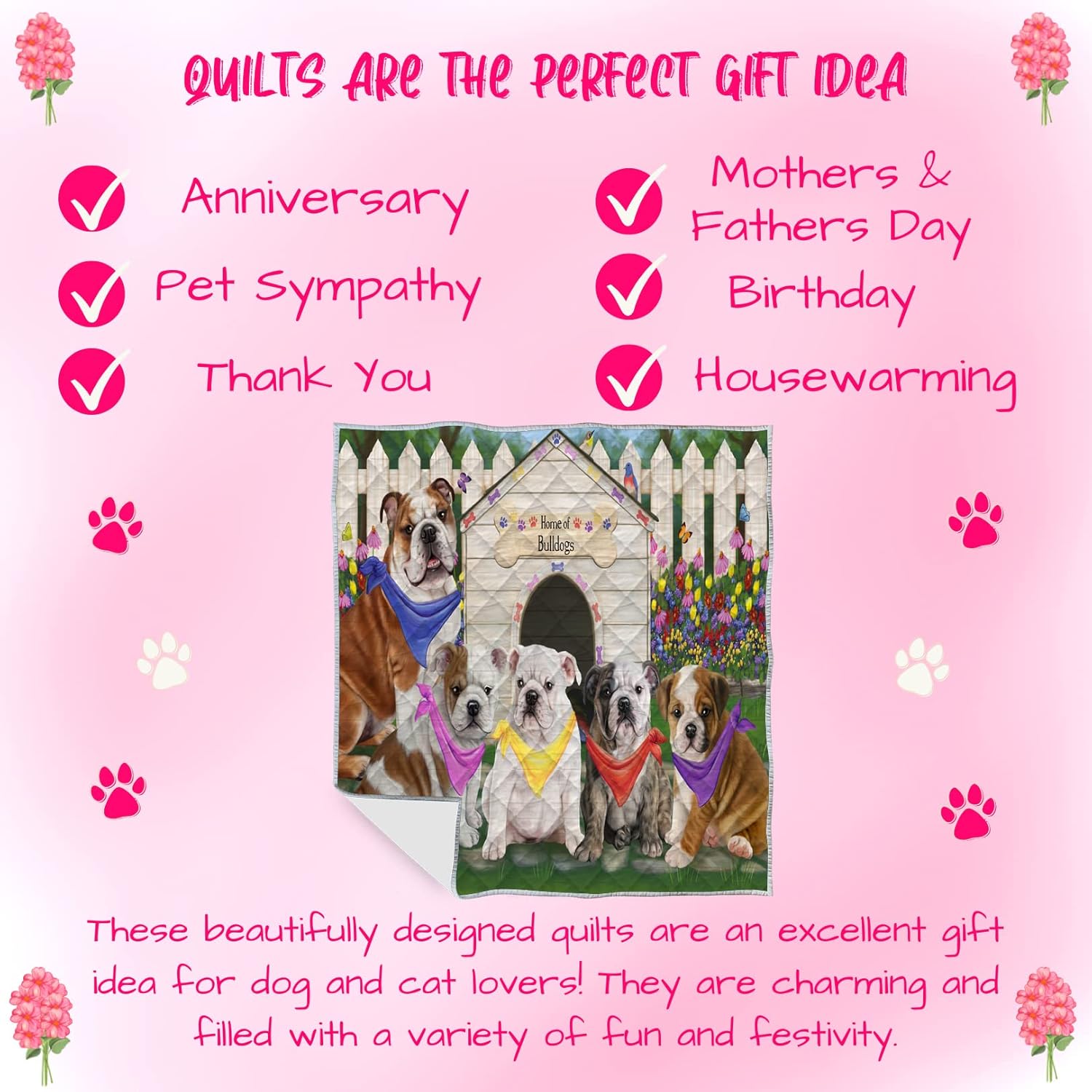 Spring Dog House Bulldog Quilt Bed Coverlet Bedspread - Pets Comforter with Unique One-Side Animal Printing - Soft Lightweight Quilt - Washable 100% Polyester, 50"x60"