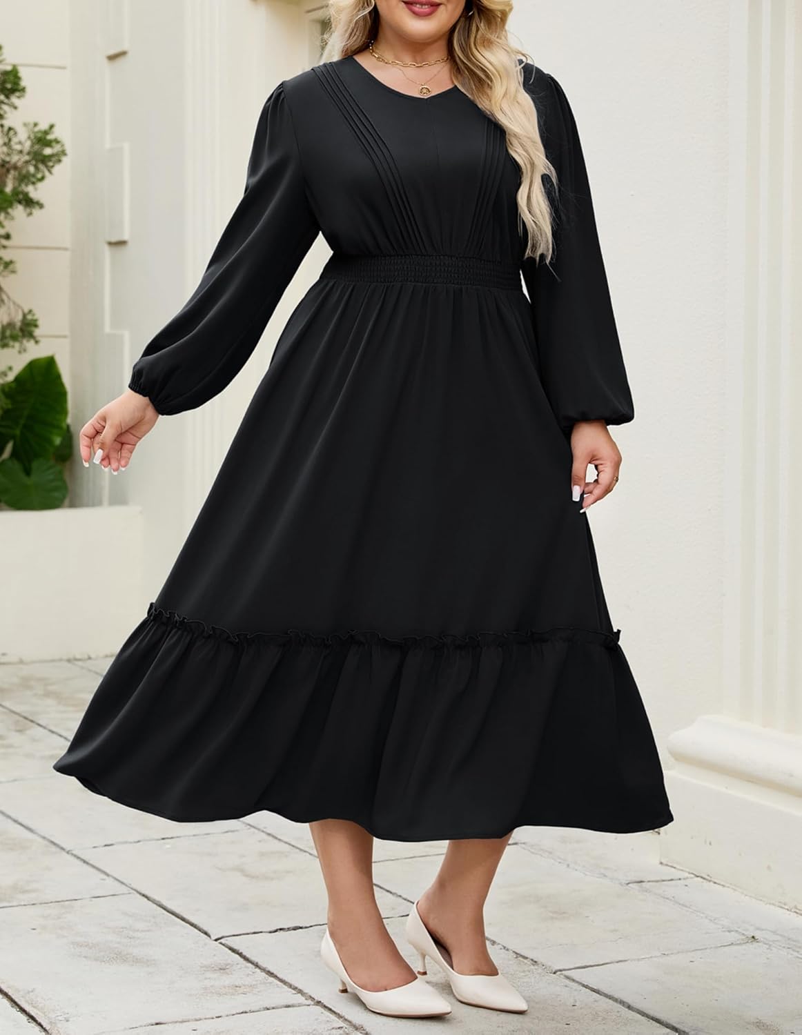 Hanna Nikole Women Plus Size Long Sleeve Casual Dress 2026 Spring V Neck Pleated Flowy Tiered Maxi Dresses with Pockets - Image 4
