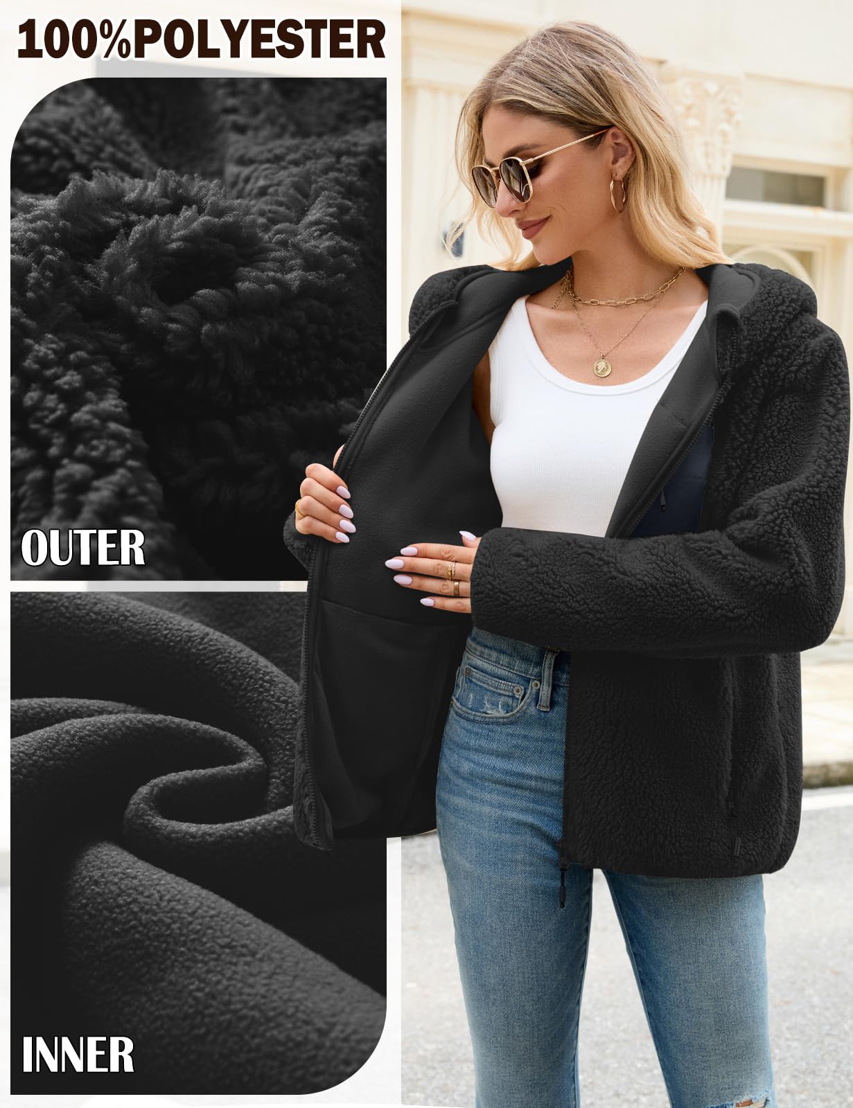 Fleecejacke Damen Winter Teddyjacke mit Kapuze Teddyfleece Kapuzenpullover Warme Herbstjacke Winterjacke Sherpa Damen-Jacken Zipper Hoodie Mantel Outdoor Plüschjacke mit Taschen