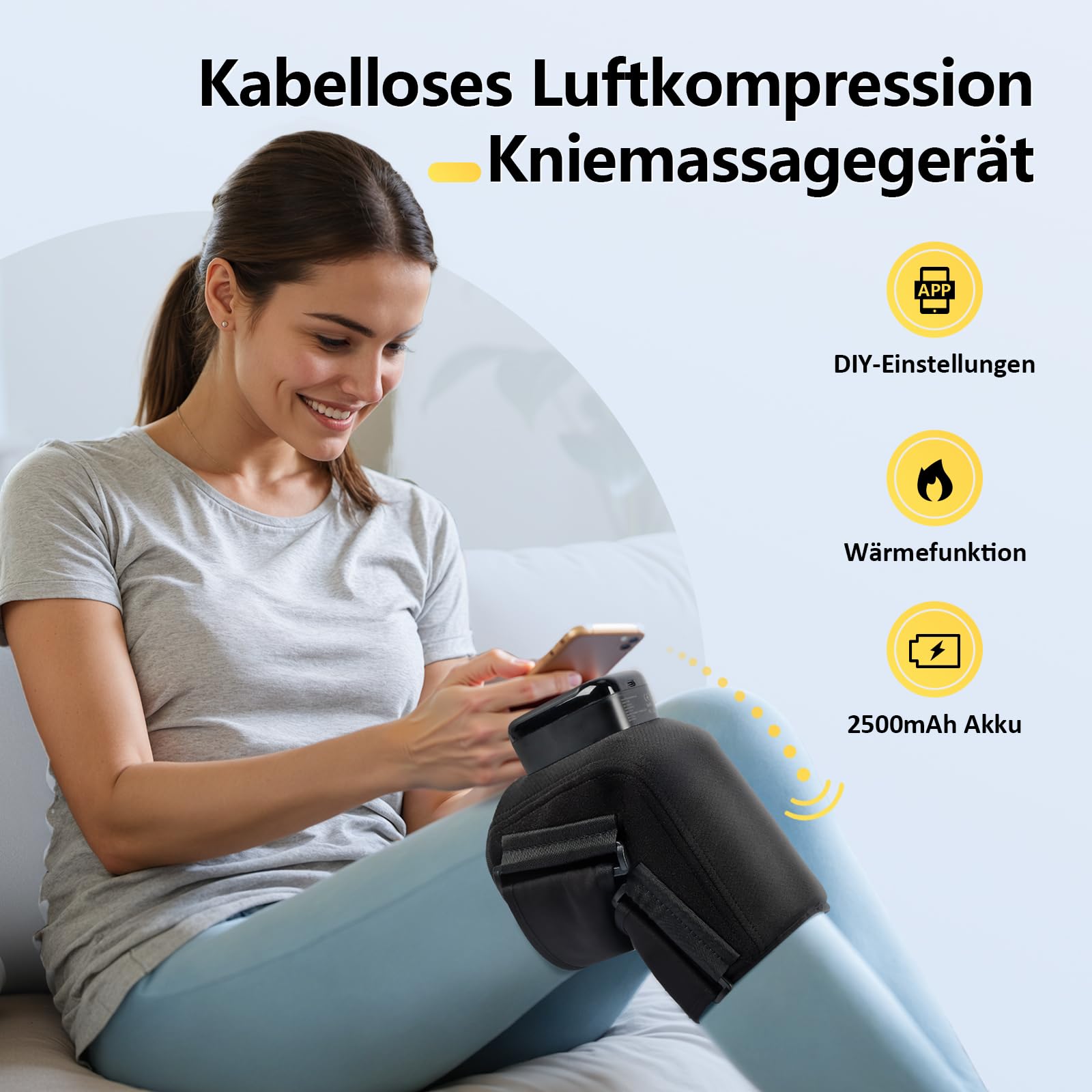 Comfytemp Kabelloses Kniemassagegerät Luftkompression 3D-Massage mit 2500 mAh Akku, Heizungfunktion für Knie mit DIY Kontrolle per App und Knopfdruck Vatertag