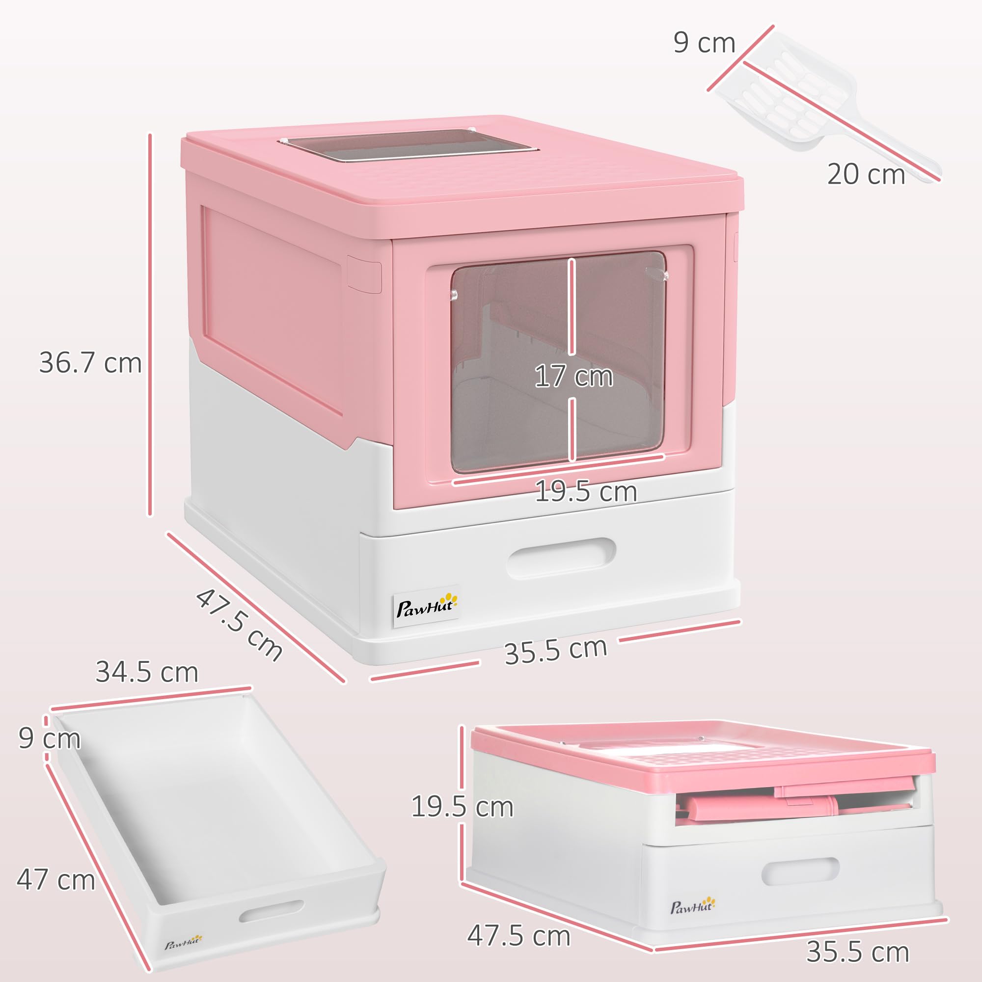 PawHut Lettiera per Gatti Chiusa in PP con Paletta Inclusa, Design Pieghevole, Cassetta Igienica per Gatto con Vassoio Estraibile e 2 Porte, 47.5x35.5x36.7 cm, Rosa e Bianco