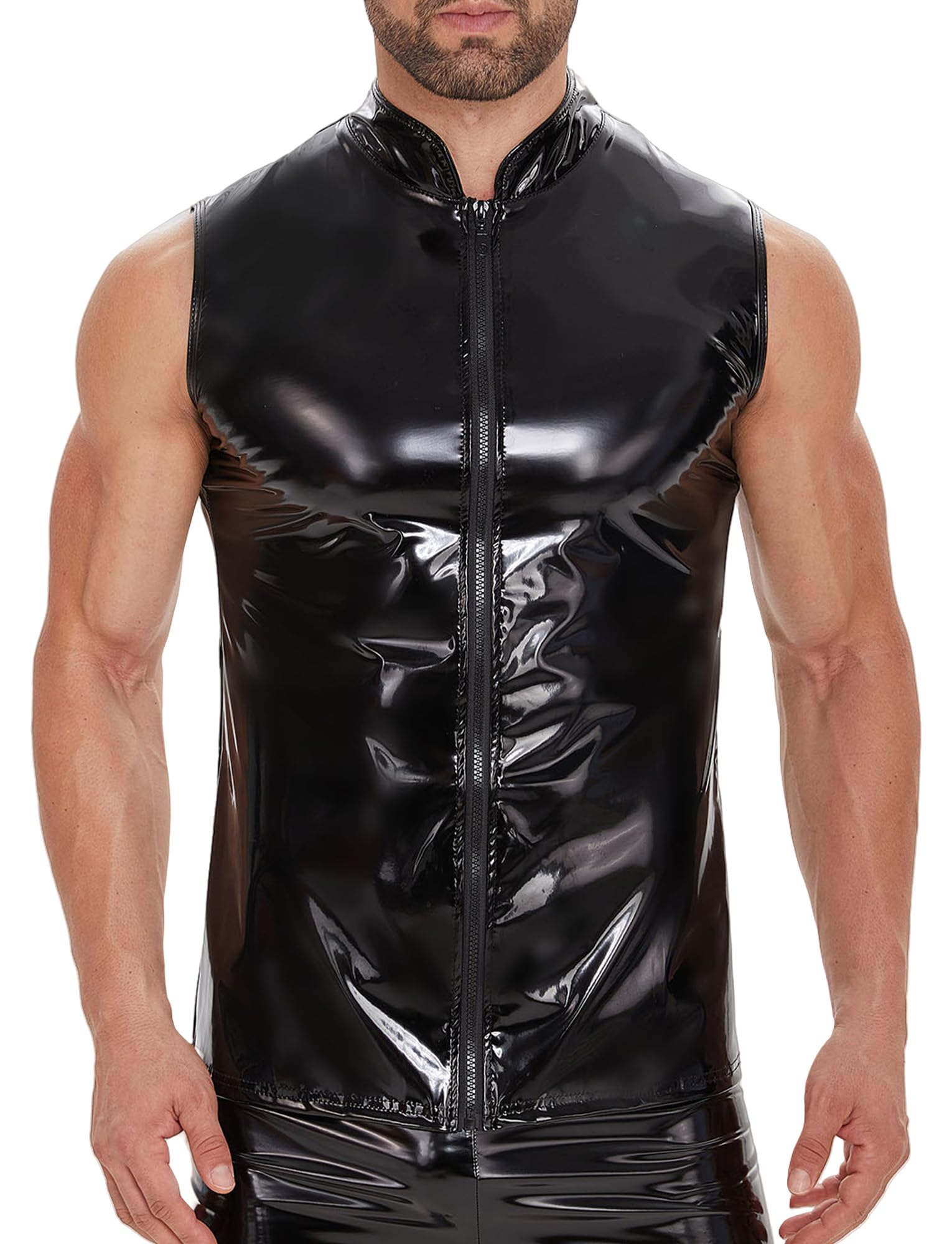 Panegy Men's Liquid Shiny Leather Shirt Jacket Slim Fit Wetlook Party Nightout Club 70s/80s Disco Blouse Tshirt