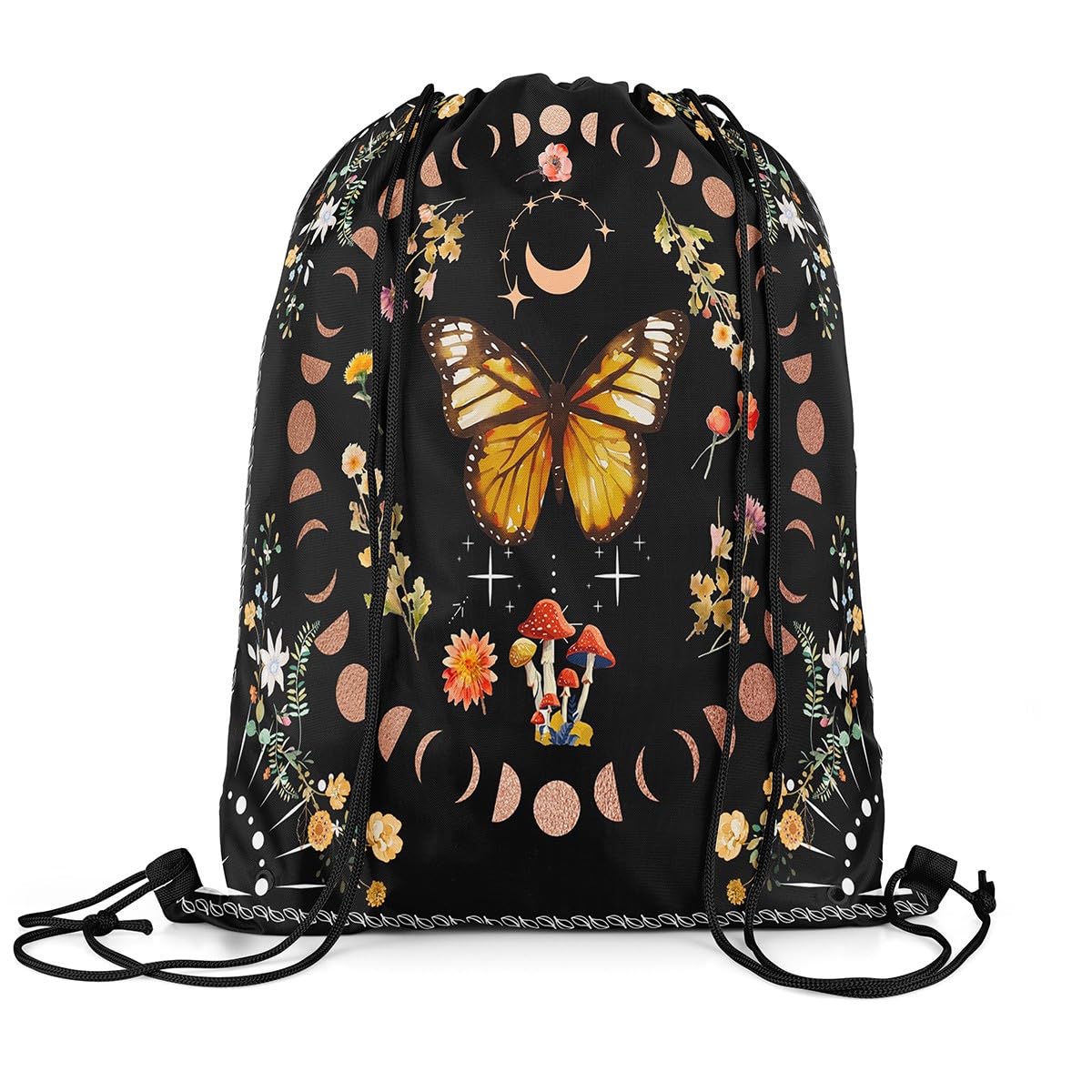 Loussiesd Boho Butterfly Gym String Bag Sun Moon Drawstring Backpack 40x33cm Bohemian Mushroom Drawstring Bags for Wild Waterproof Cinch Bag