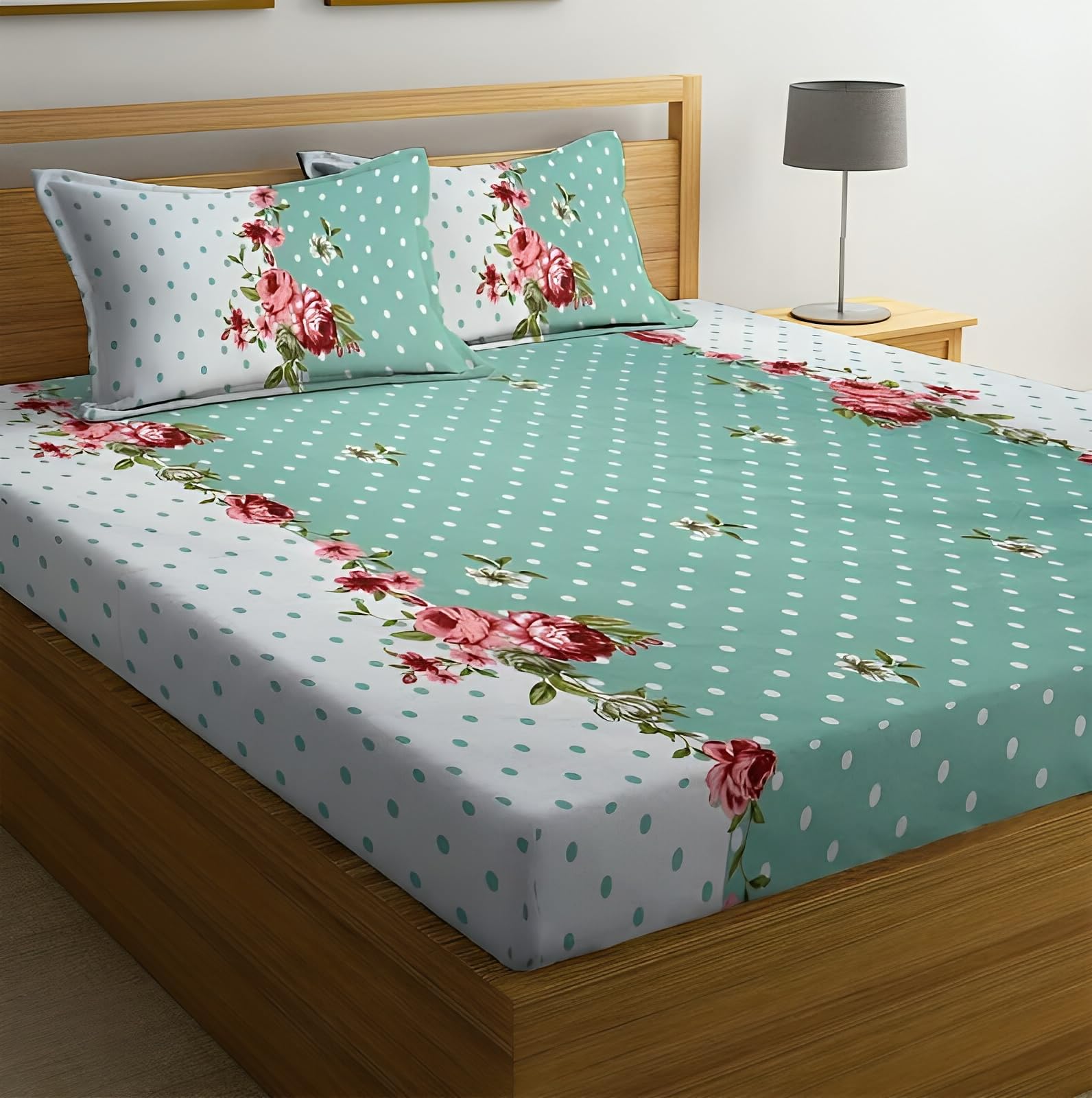 NEW TOWN Cotton Feel Glace Cotton Elastic Fitted Printed King Size Double Bed Bedsheet with 2 Pillow Covers and Fits Upto 8 inches Mattress, Size- 72"x78" Safari 7595-picture-19