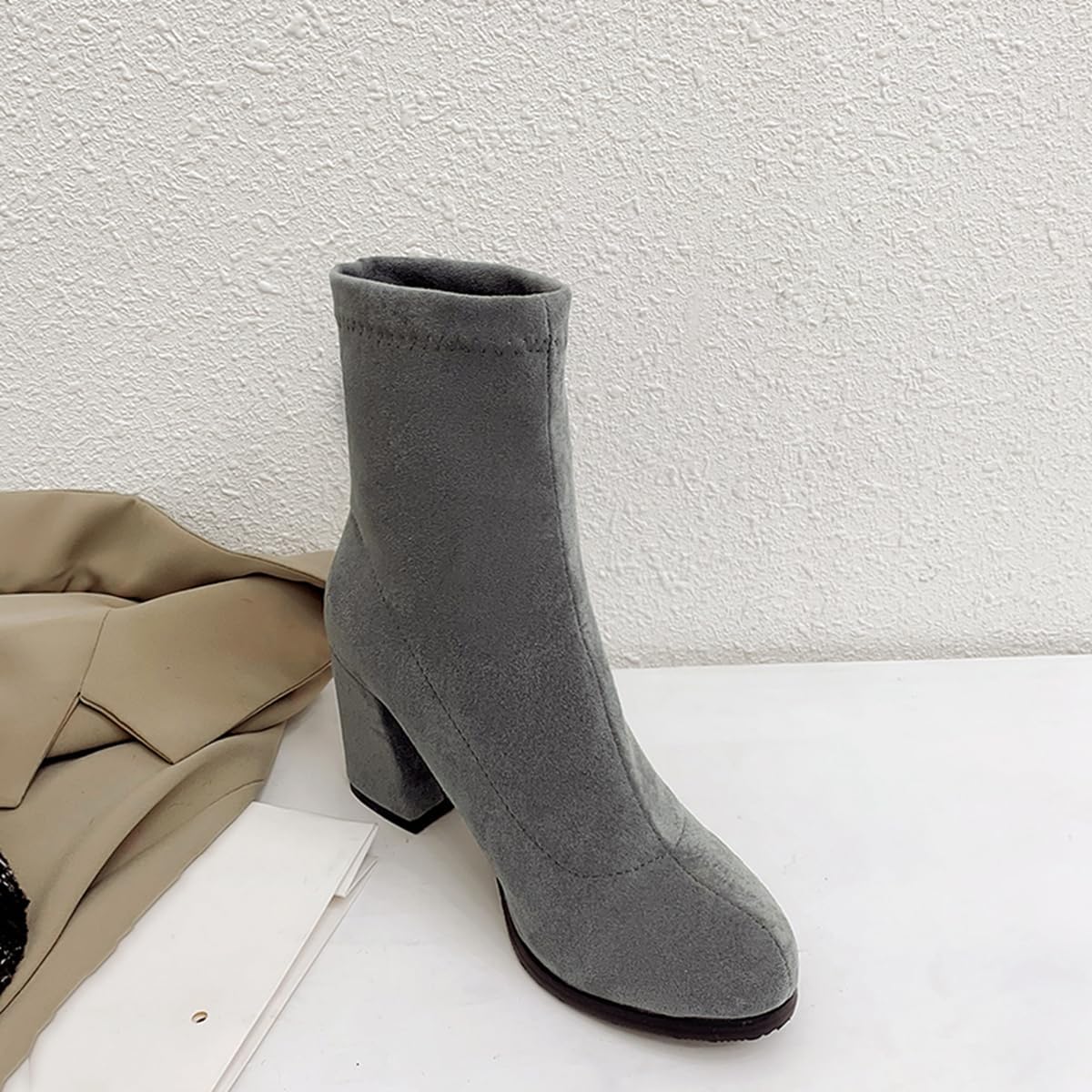 Women's Round Toe Stretchy Dressy Ankle Boots Suede Pull On Chunky High Heels Winter Fall Short Boot
