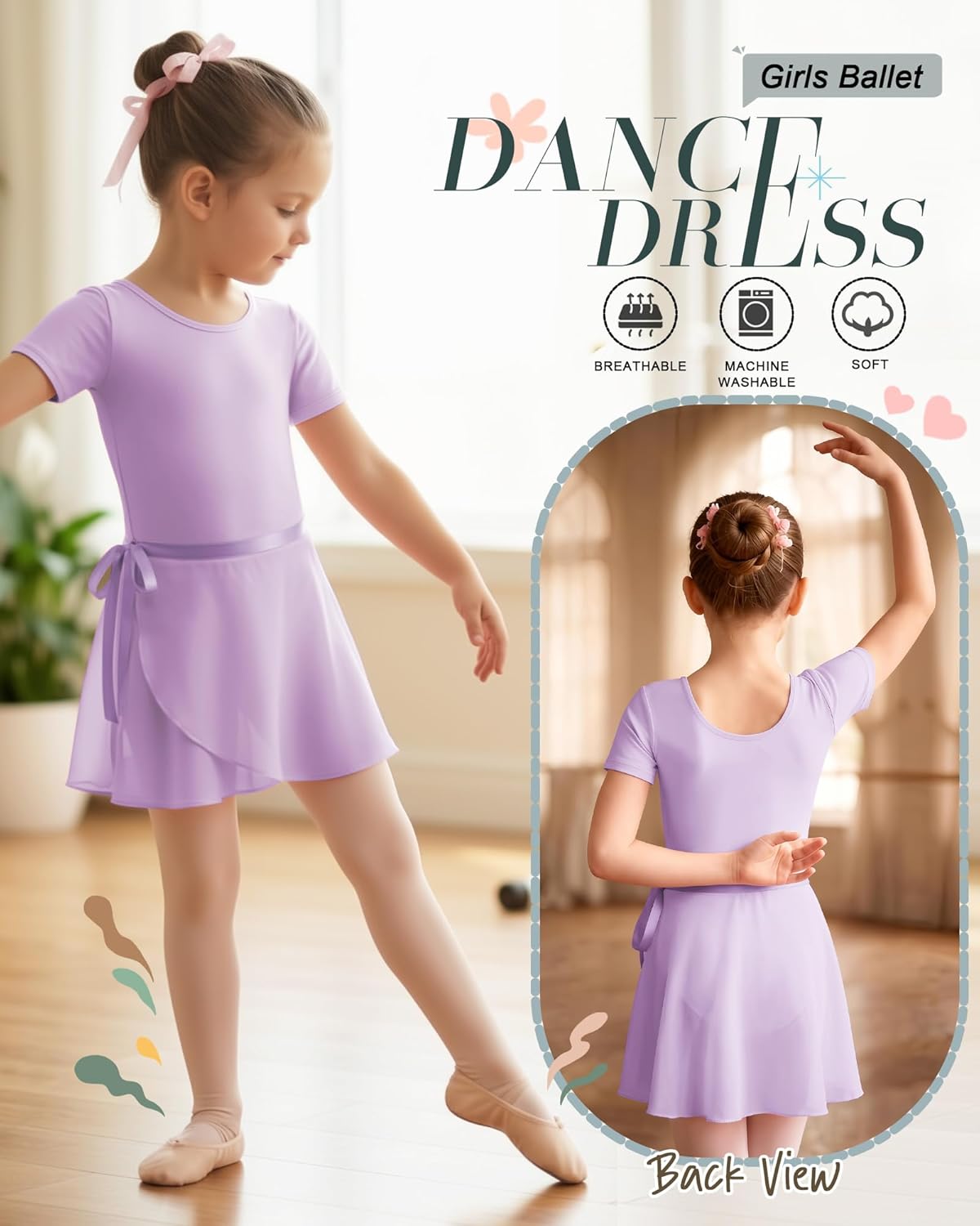 3 Pack Girls Ballet Leotards Toddler Short Sleeve Dance Dress Outfit with Removable Skirts Ballet Dance Set