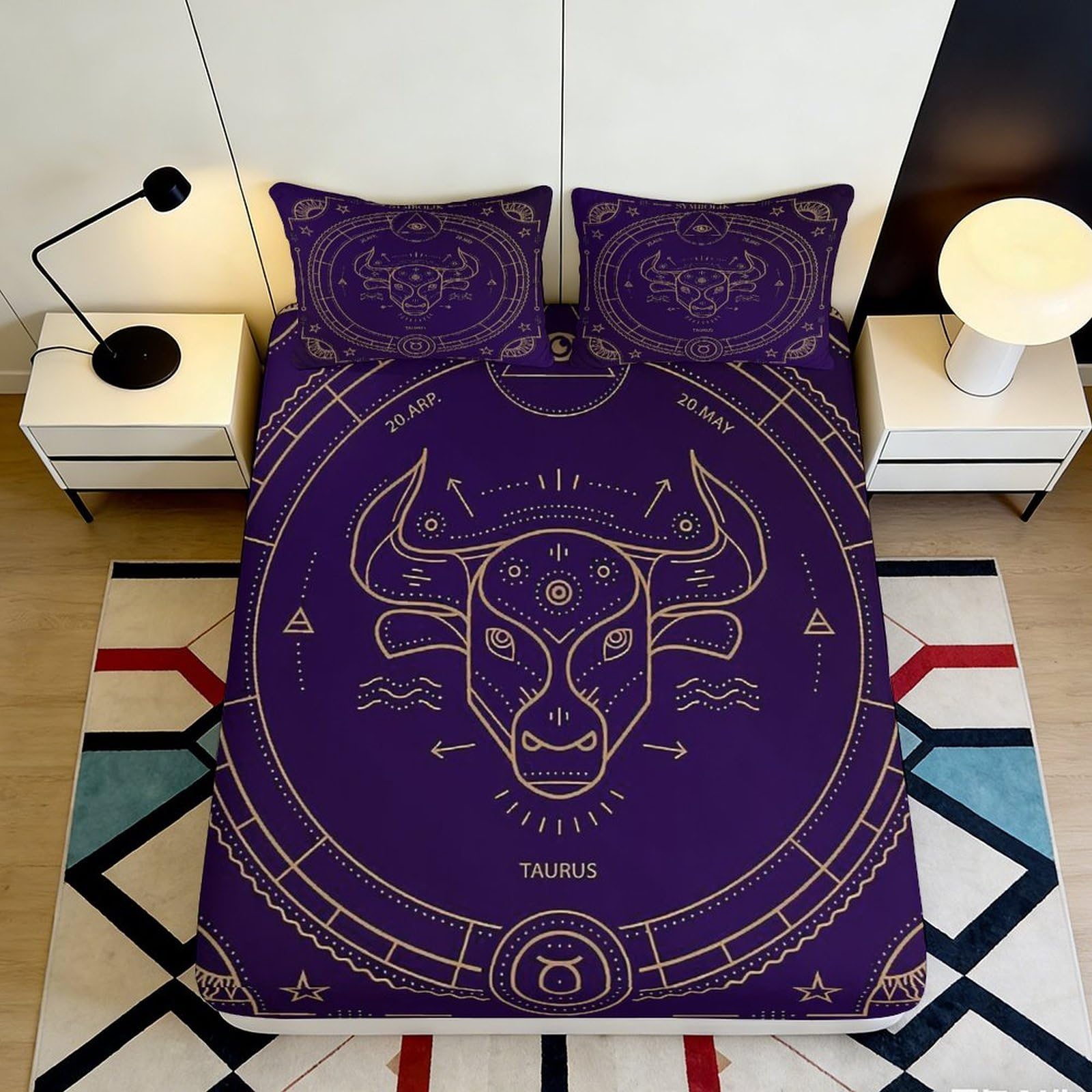 3D Printed Zodiac Taurus Fitted Sheet Microfiber Soft Purple Astrology Bull Bed Cover for Bedroom Dorm Mattress Protection Decor 90x200x25cm