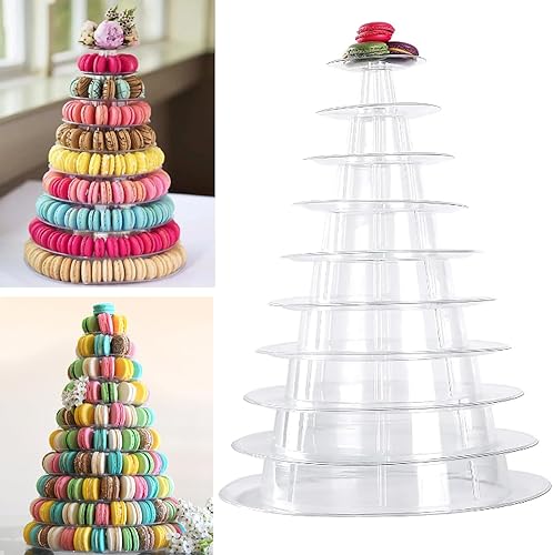 Bhbuy - Soporte de torre para macarrones, redondo de plástico transparente de 10 niveles, multifunción, para cupcakes, galletas, postres, para boda,