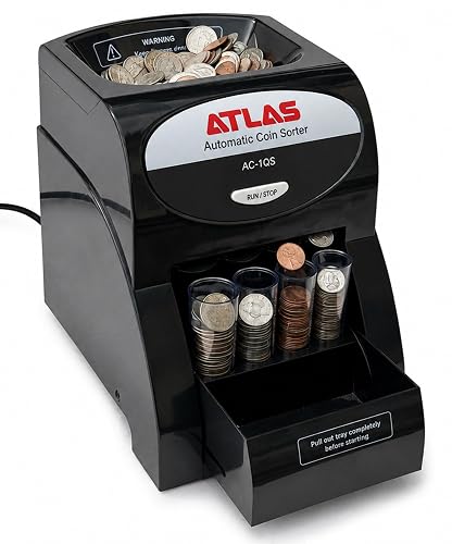 ATLAS Automatic Coin Sorter Includes 16 Preformed Coin Wrappers, AC-1QS | Quickly sort up to 3 rolls of coins per minute