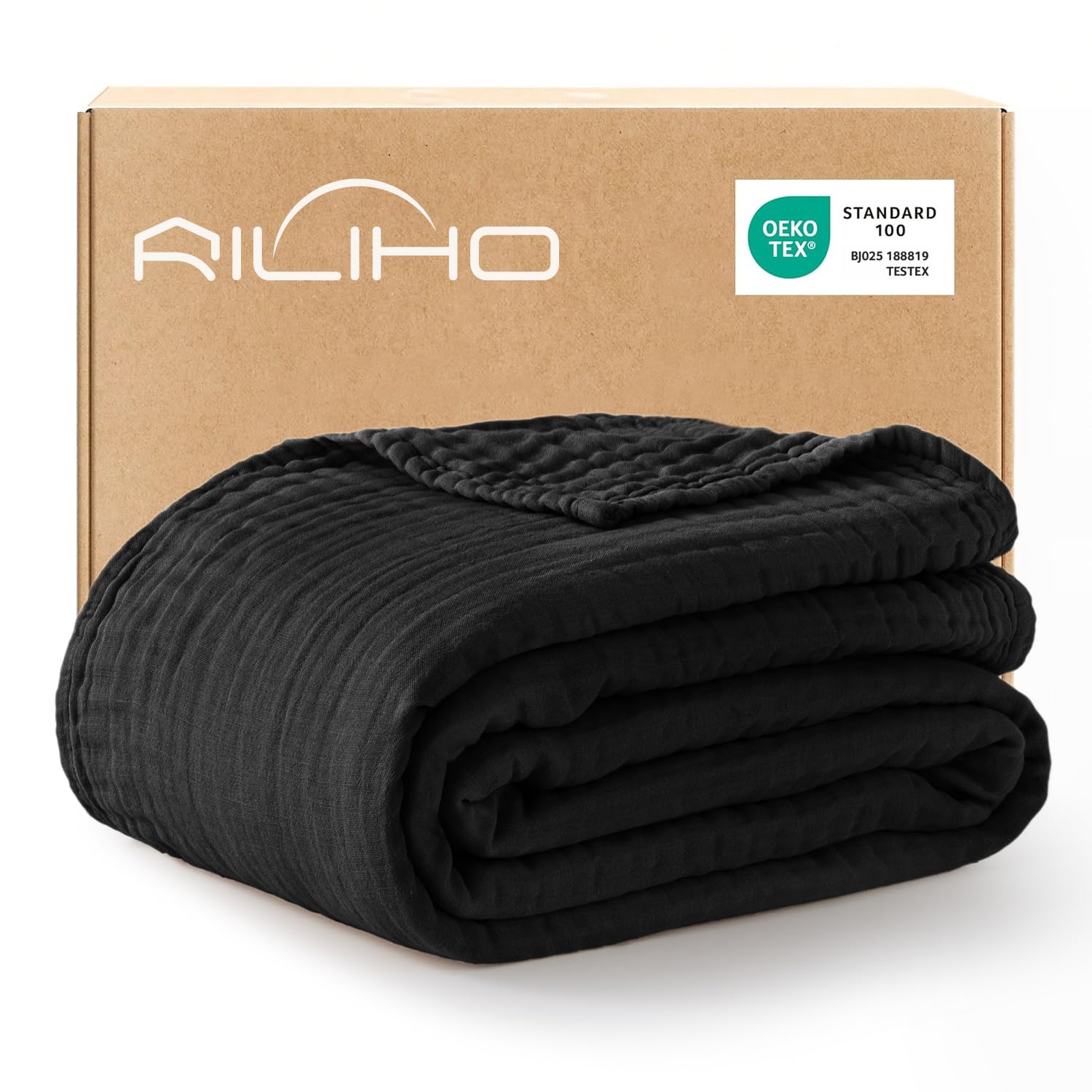 RILIHO 100% Cotton Muslin Blanket Adult 229 x 229 cm, Cooling Summer Blanket, 6 Layers Lightweight and Breathable Throw Blankets for Bed, Soft Cold Blanket for Sleeping, Black