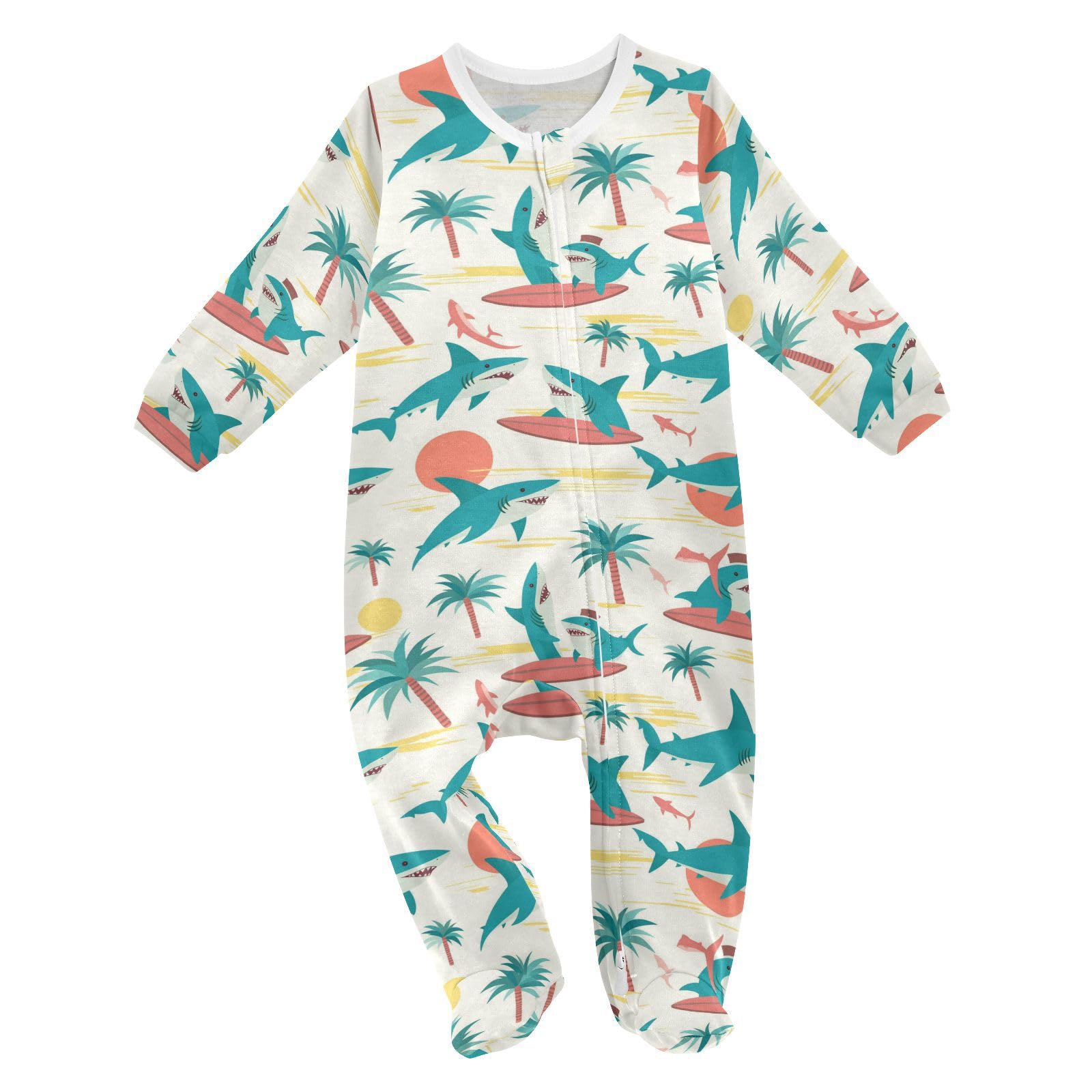 Wusikd Sharks Surfboards One-Piece Footies Palm Trees Bodysuit Rompers Zipper for Boys Girls 12M