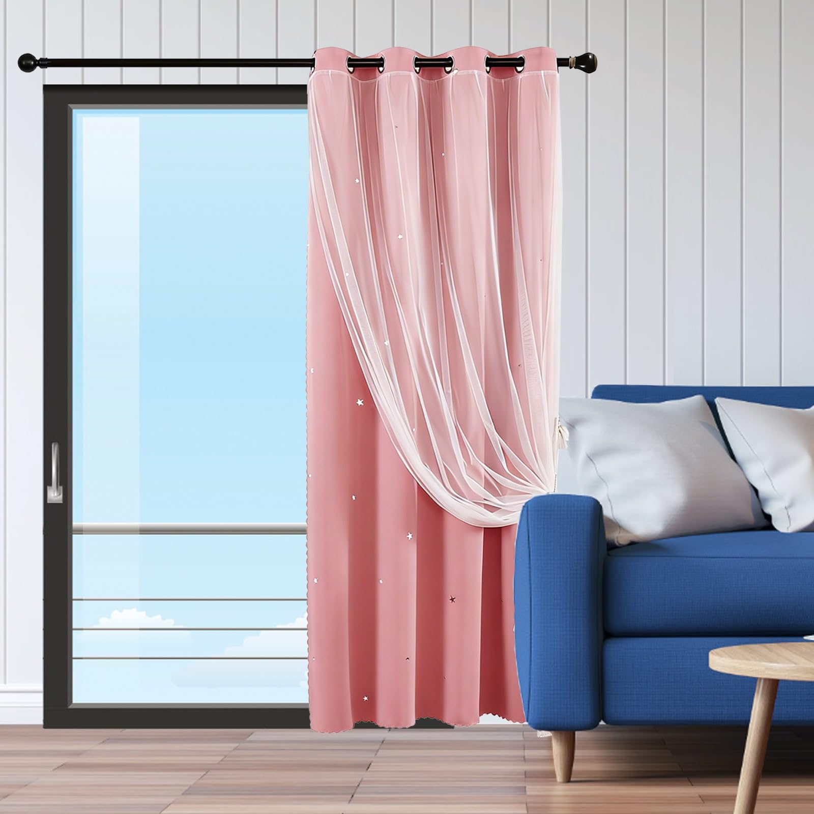 Rideaux occultants 150 x 210 cm rideau thermique rose perforé avec voile de fenêtre