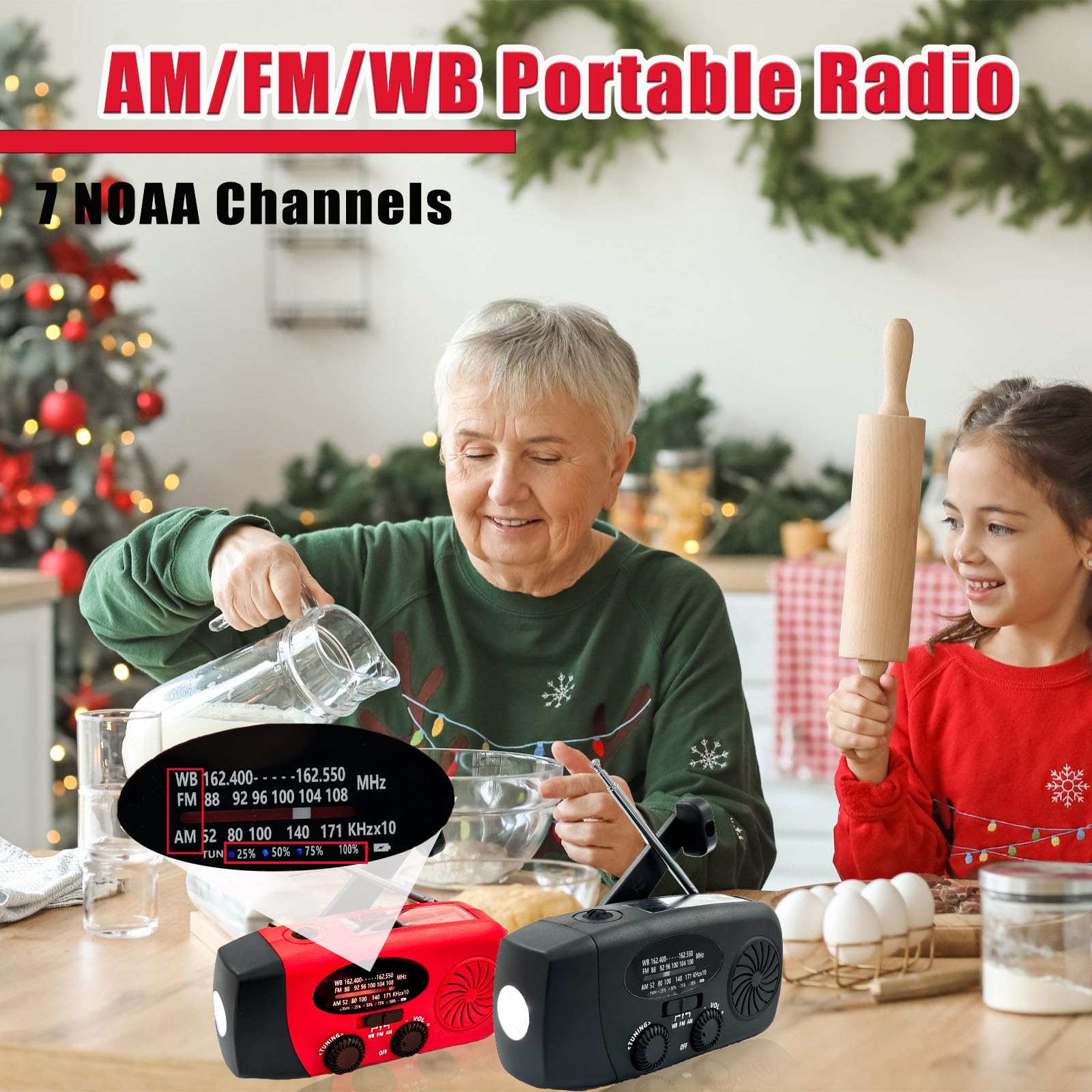 Radio di Emergenza Portatile 2000 mAh con Pannello Solare SOS, AM/FM/NOAA WB, Torcia a Manovella