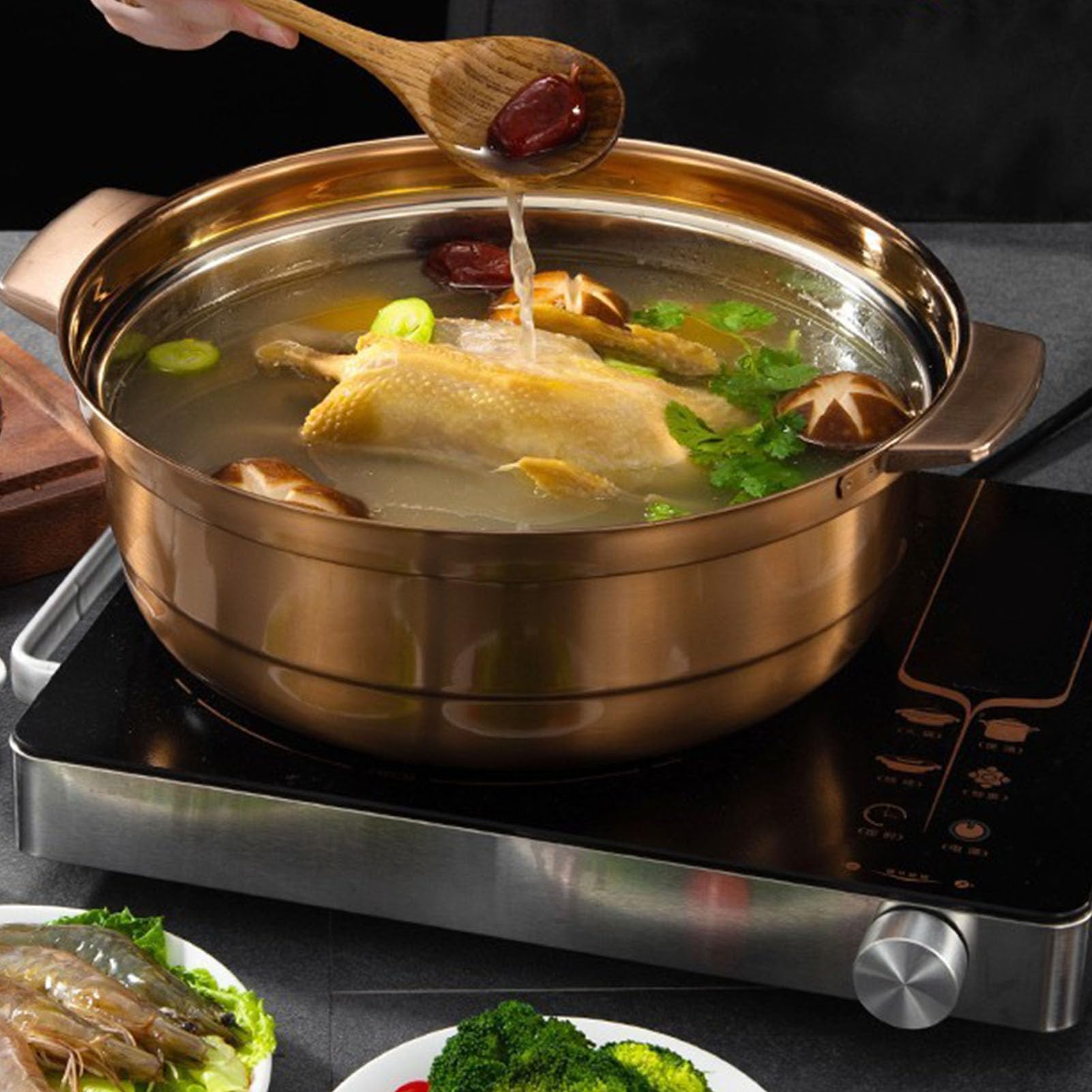 Stockpot, pot chaude, acier inoxydable grande manche ergonomique à poignée de soupe avec couvercle de pot de couvercle compatible pour tous les poêles, distribution de chaleur (28 cm)
