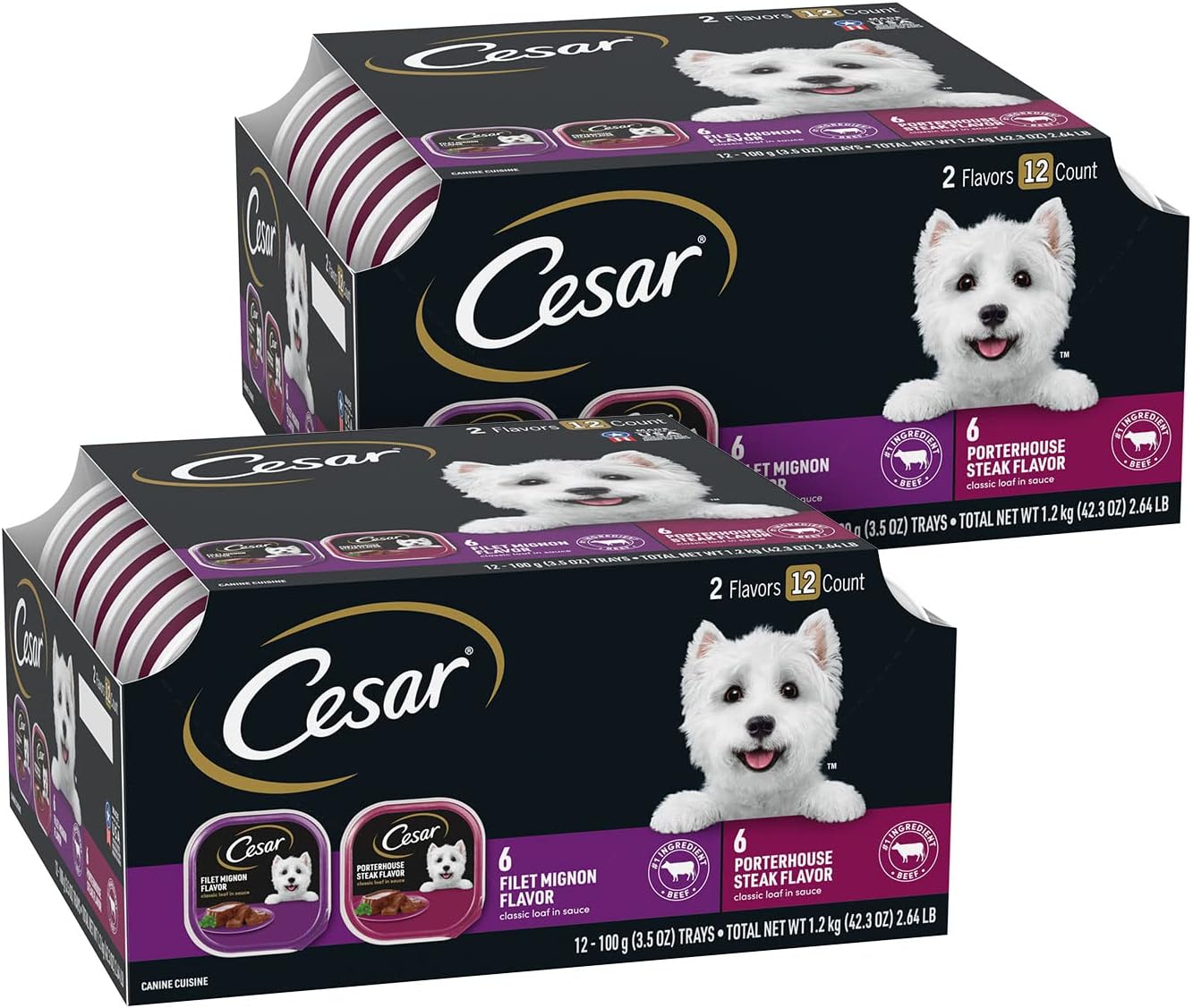 - Cesar Wet Dog Food Classic Loaf in Sauce, Filet Mignon Flavor and Porter House Flavor, 3.5 oz. Easy Peel Trays, 12 Count (Pack of 2)