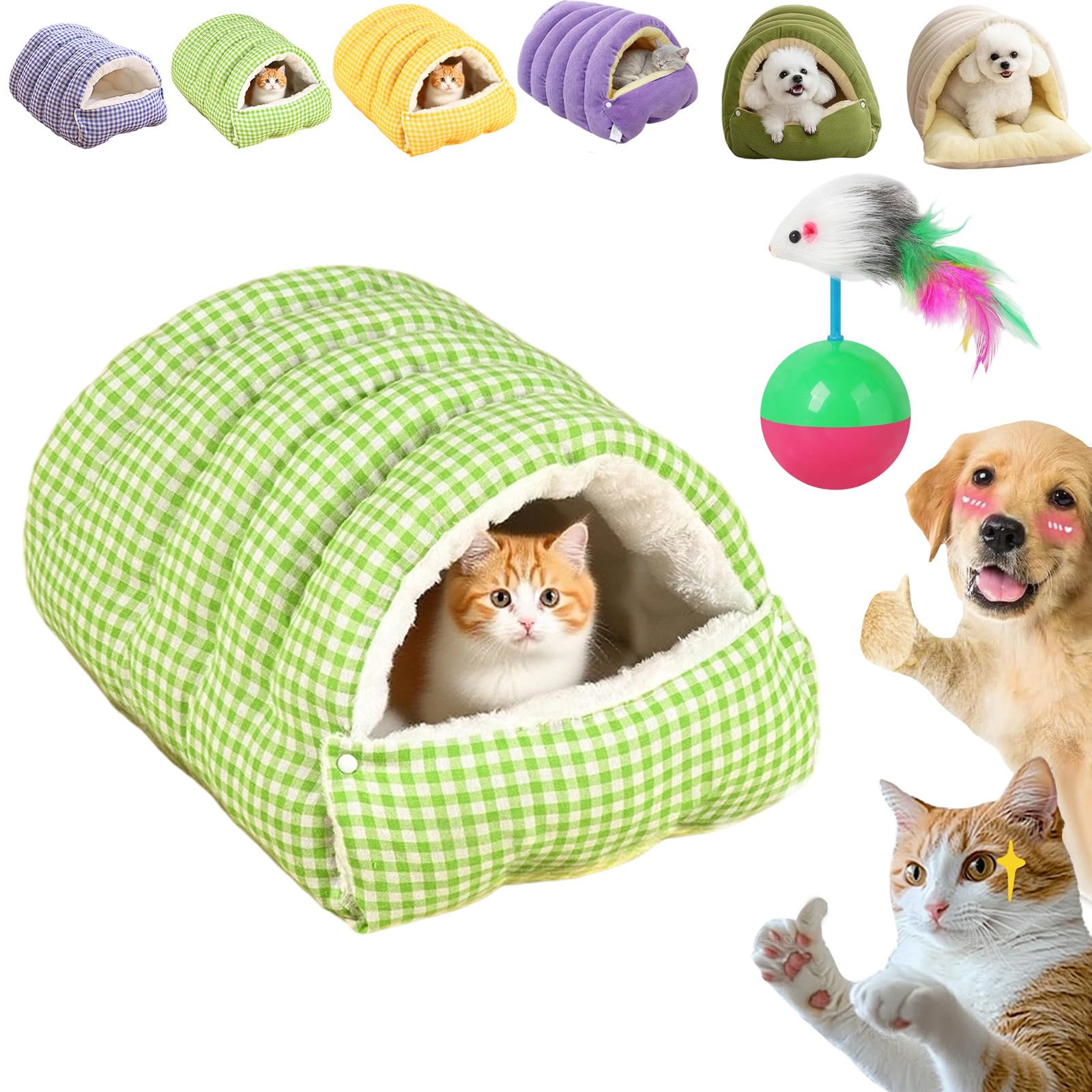 Winter Cave, Cozy Monster Cat Bed, Warmth Cozy Comfort Plush Pet Cave with Removable Cushion, Non-Slip Base, Dual-Purpose Pet Nests for Cats and Small Dog (Plaid green, M)