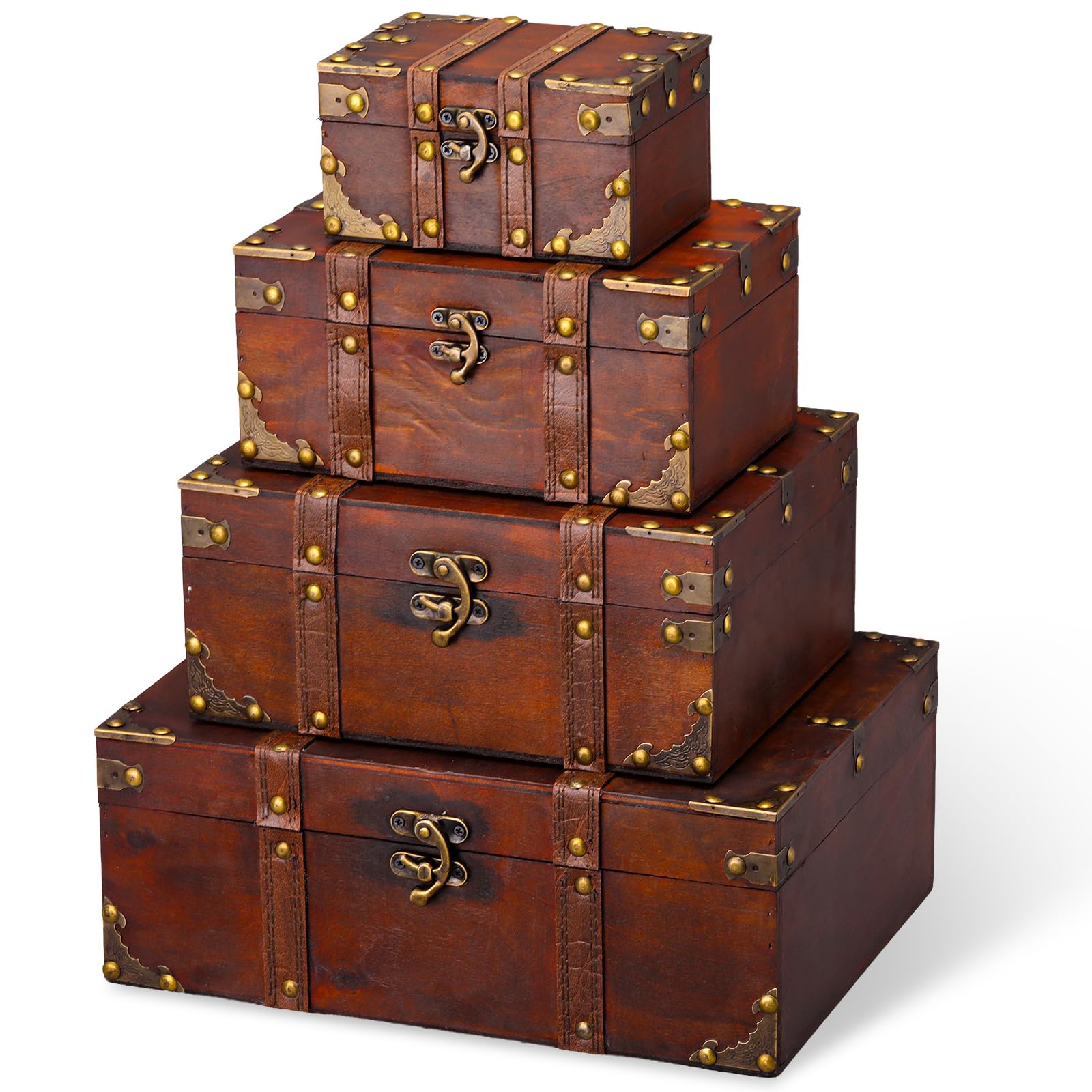 Yousoontic 4 Pack Wooden Storage Box Wood and Leather, Retro