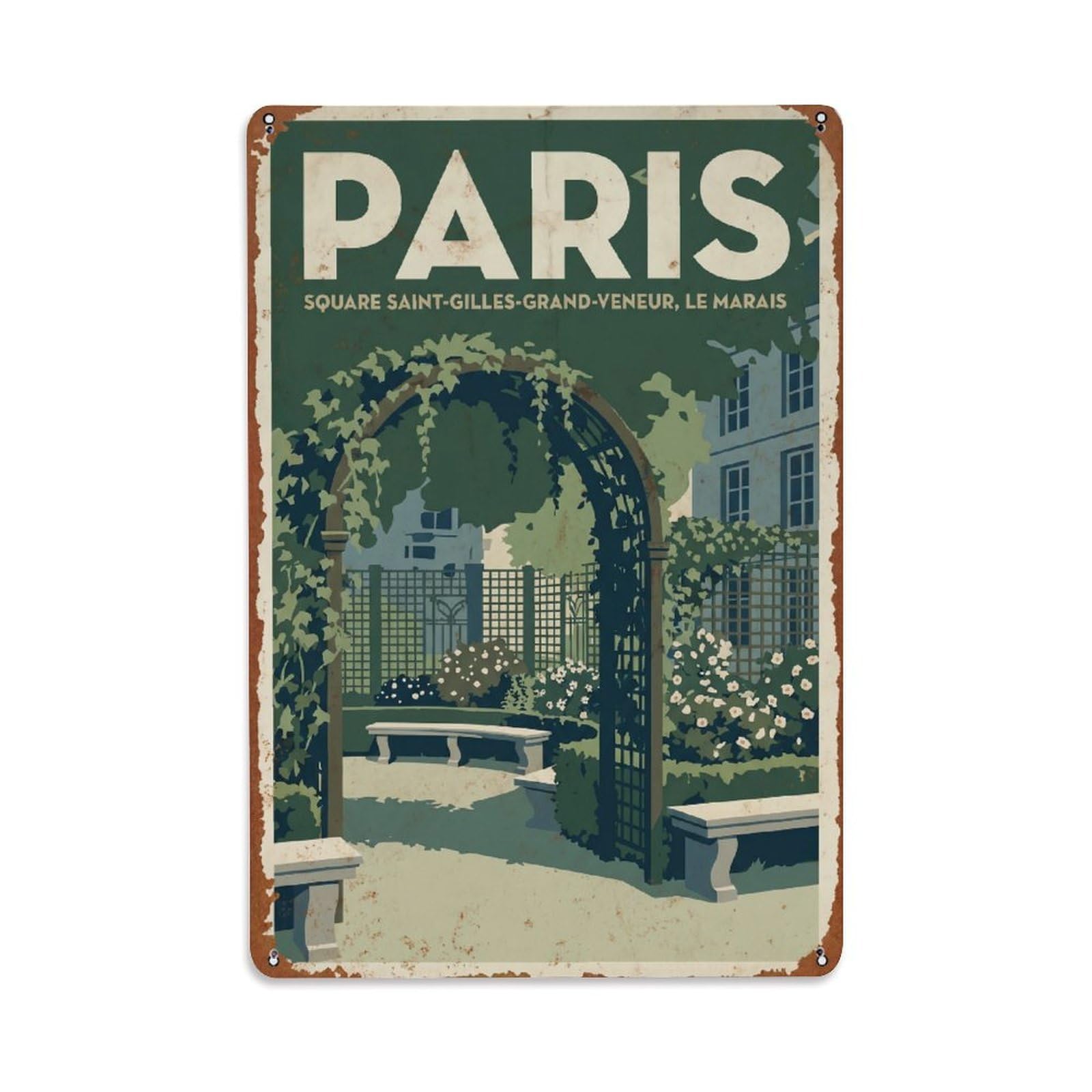 Vintage Travel Paris Square Saint-Gilles-Grand-Veneur Garden Rusted France Metal Tin Sign Plaque Wall Decor for Cafe, Club Bar, Office, Home Garden Metal Poster 8x12Inch