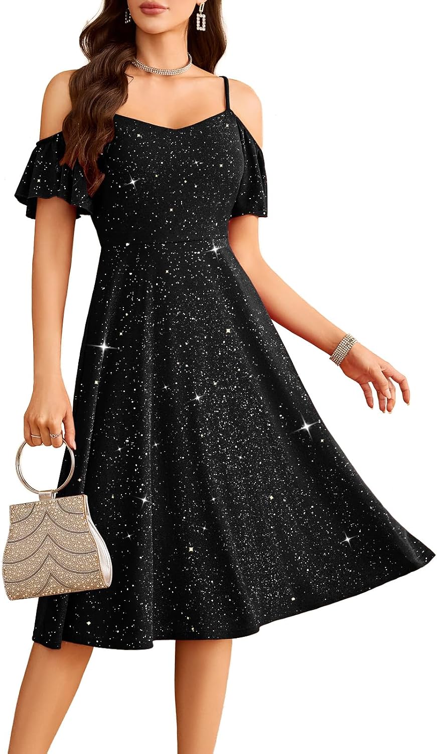 Meetjen Women's Sparkly Prom Dresses Formal Off Shoulder Tea Party V-Neck Spaghetti Straps A-line Sequin Cocktail Dress