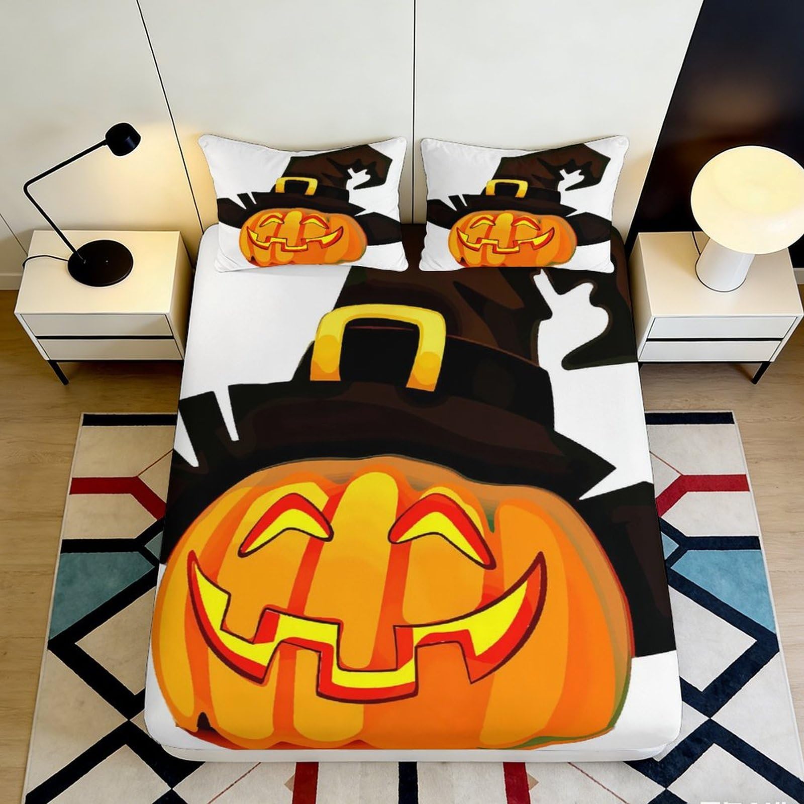 3D Printed Halloween Pumpkin Fitted Sheet Microfiber Soft Breathable Witch Hat Bed Cover for Bedroom Dormitory Guest Room Mattress Protection Decor 140x200x25cm
