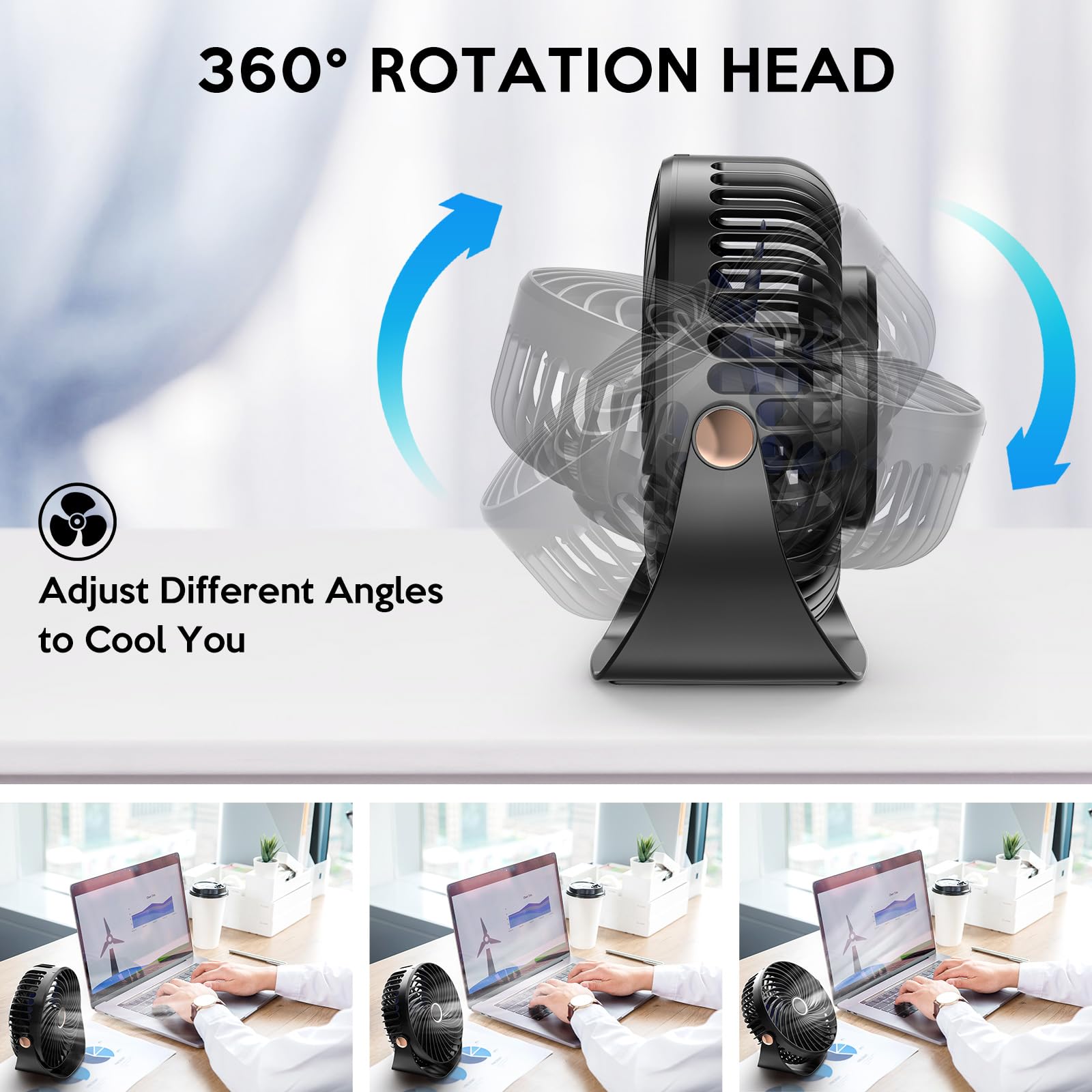 Ventilador de Mesa, Mini Ventilador USB Silencioso, 5 Velocidades,Personal Portátil Ventilador de Escritorio, para Oficina/Hogar/Viajar/Acampar/Cocina, Alimentado por USB (Negro) - 3