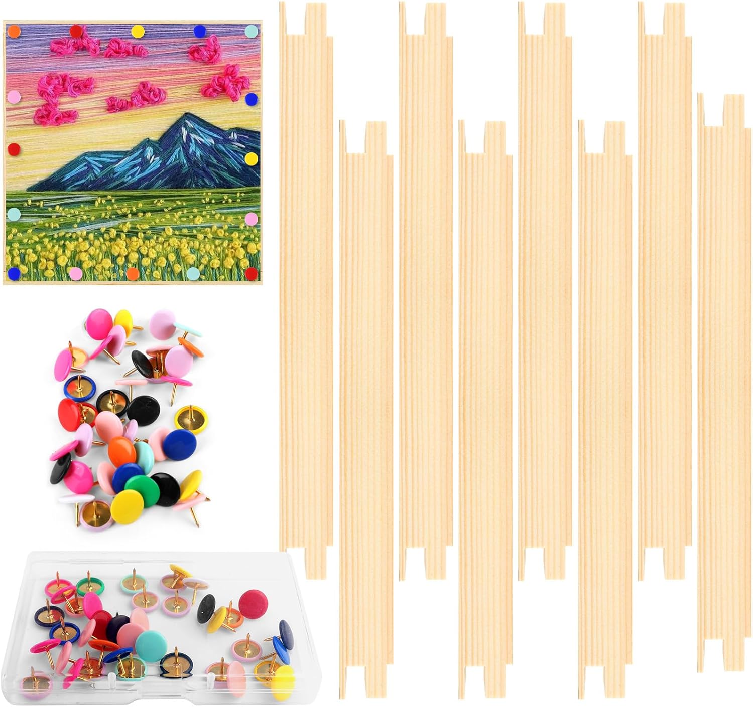 EcoBrisa Stretcher Bars for Needlework with Thumb Tacks Wooden Canvas Splicing Stretcher Bars Needlepoint Embroidery Stitch Frame Set Bundle for Crafts Art (6/8/12 in)