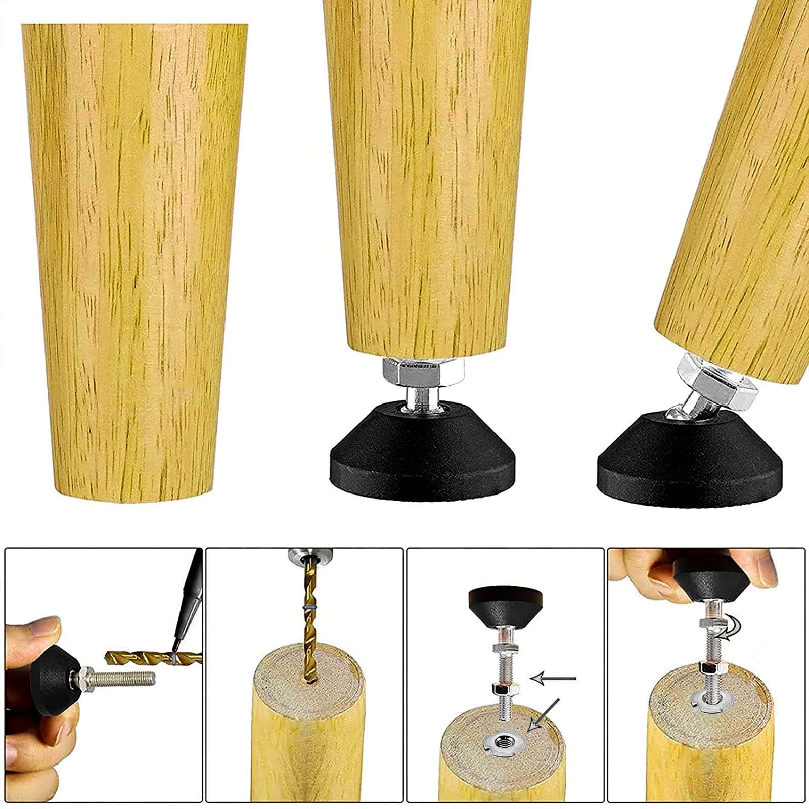 8 stuks verstelbare poten M8 x 30 mm met stille antislip rubberen basis, M8 instelschroef, kan 450 kg dragen, 30 graden helling, machinepoten voor tafel