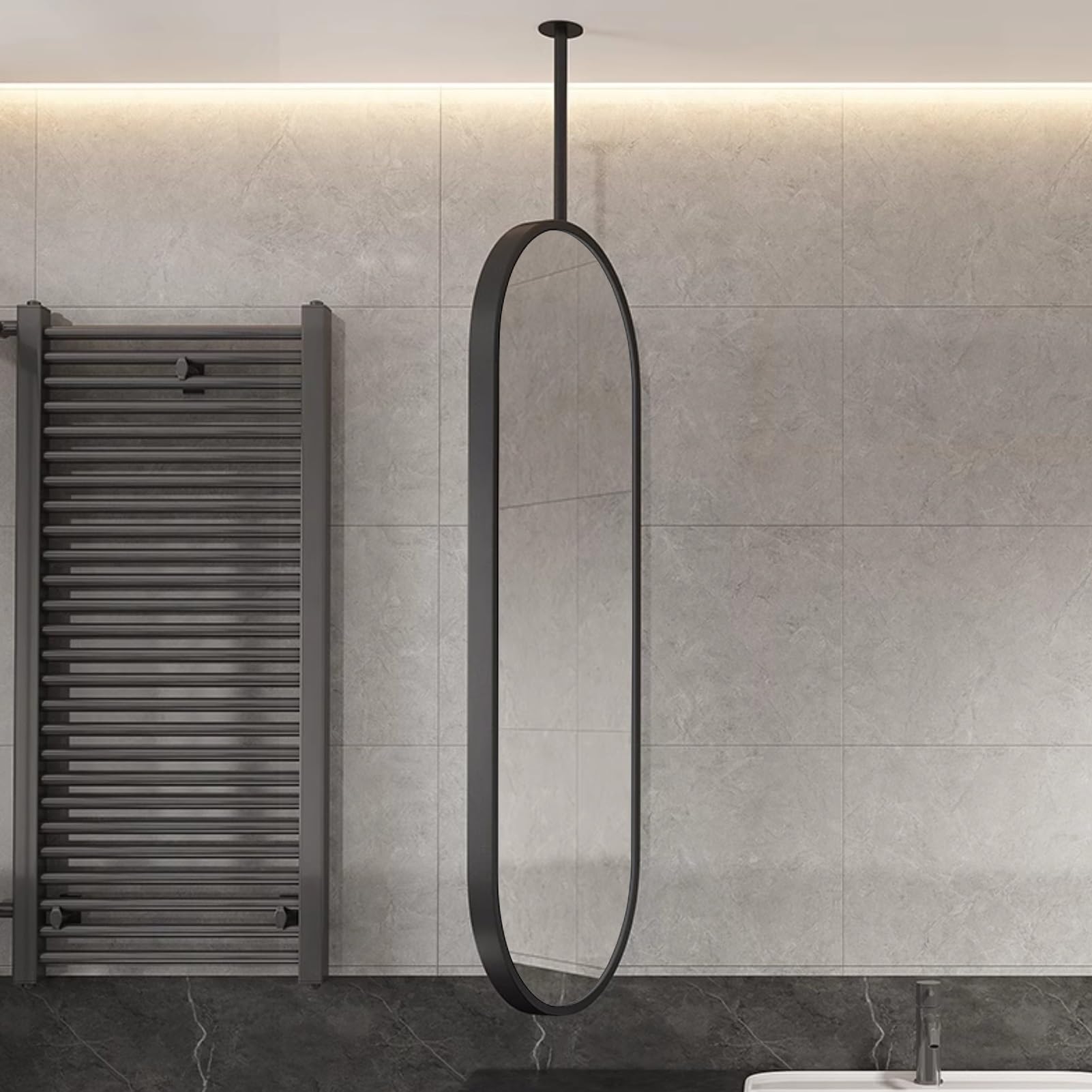 BKSXSOP Black Oval Metal Ceiling Hanging Rod Mirror, HD Mirror with Customizable Bathroom Mirrors, Decorative Suspended Mirrors/Ceiling Mounted (Size : 50cmx70cm)