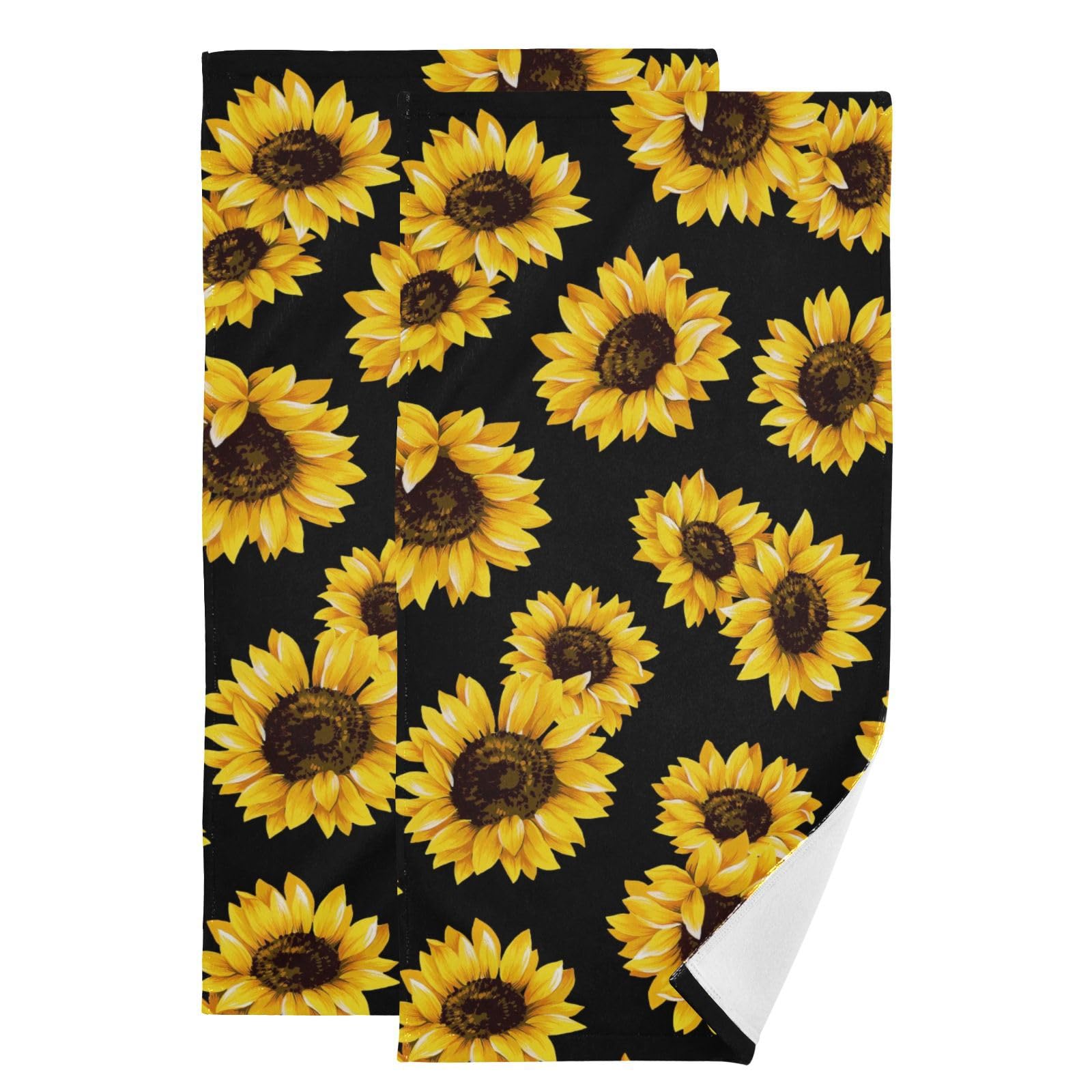PATINISA Farmhouse Sunflower Hand Towels for Bathroom Set of 2 Soft Absorbent Retro Yellow Black Floral Pattern Kitchen Dish Towels Sunflower