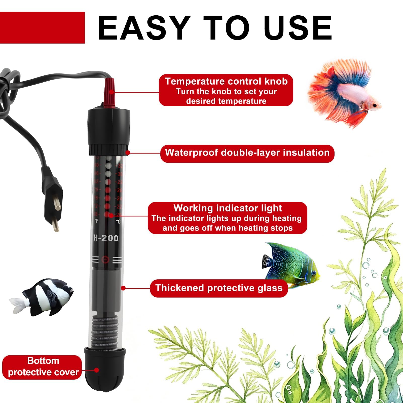 Puissant Chauffage d’Aquarium Submersible 50W avec Thermostat Réglable 20-34℃ pour Poissons et Tortues, Compact et Sécurisé avec Ventouse, Verre de Quartz Résistant pour Réservoirs 10L à 60L