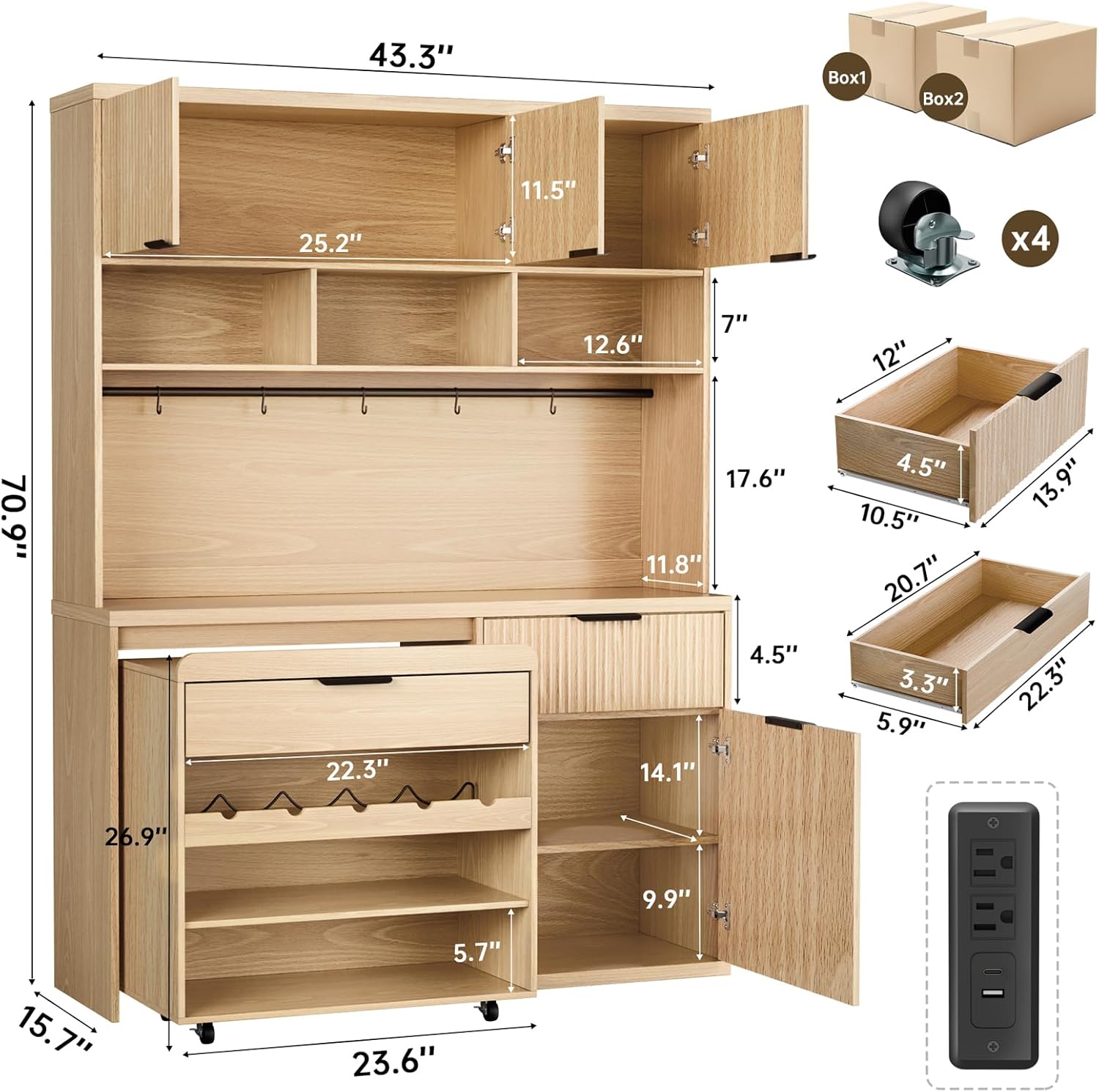 71" Pantry Cabinet,Tall Kitchen Pantry Storage Cabinet with Charging Station and LED Light,Fluted Freestanding Food Storage Cabinet,Farmhouse Kitchen Hutch with Storage Drawers for Living Dining Room