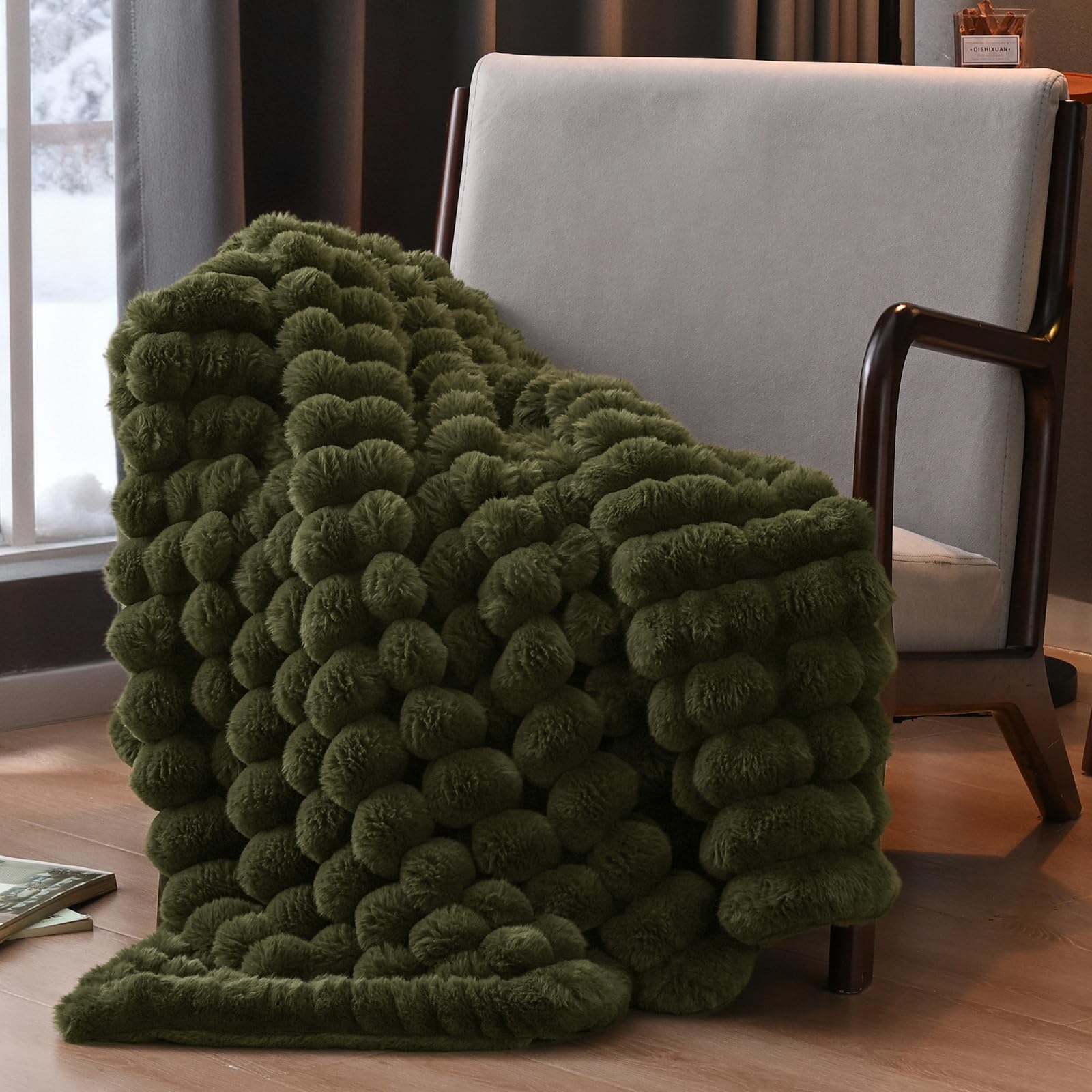 david's home reversible faux rabbit fur throw blanket twin size, luxury soft thick shaggy warm fuzzy bubble for couch,cozy plush fluffy for fall winter,winter moss,60 "* 80"