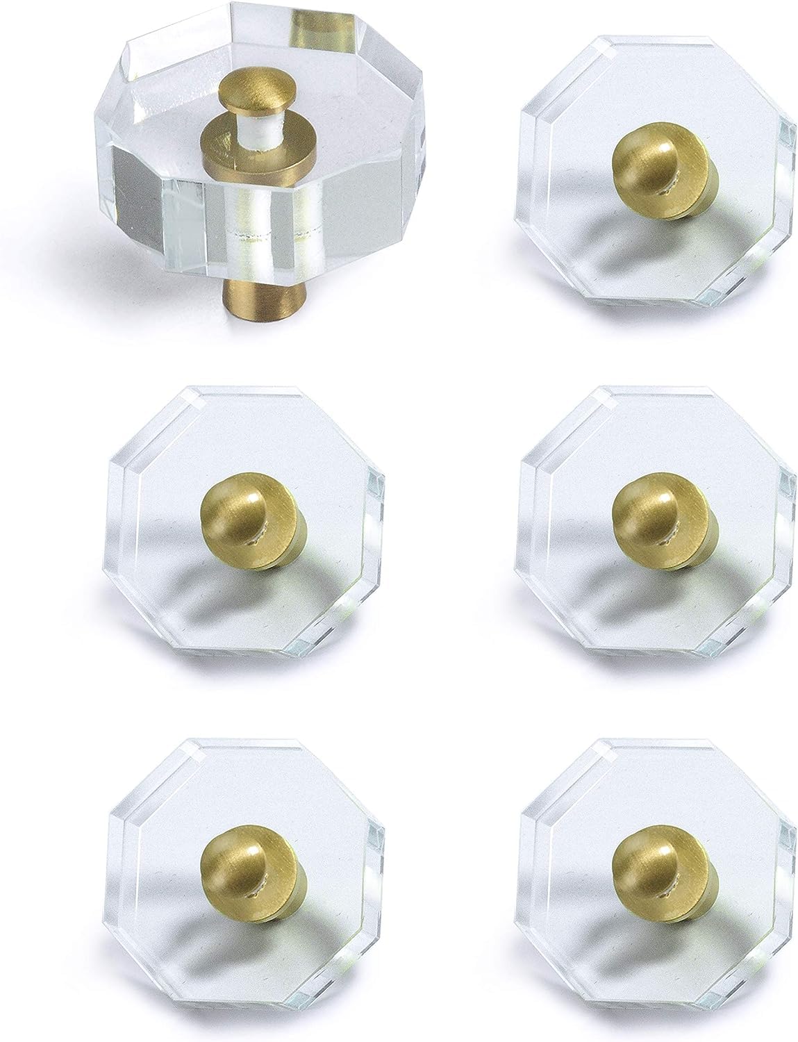 SYOSI Glass Crystal Knobs, Cabinet Knobs and Pulls, Brass Drawer Pull Cabinet Handle Gold Furniture Hardware for Dresser Kitchen 6 Pack (Octagon)