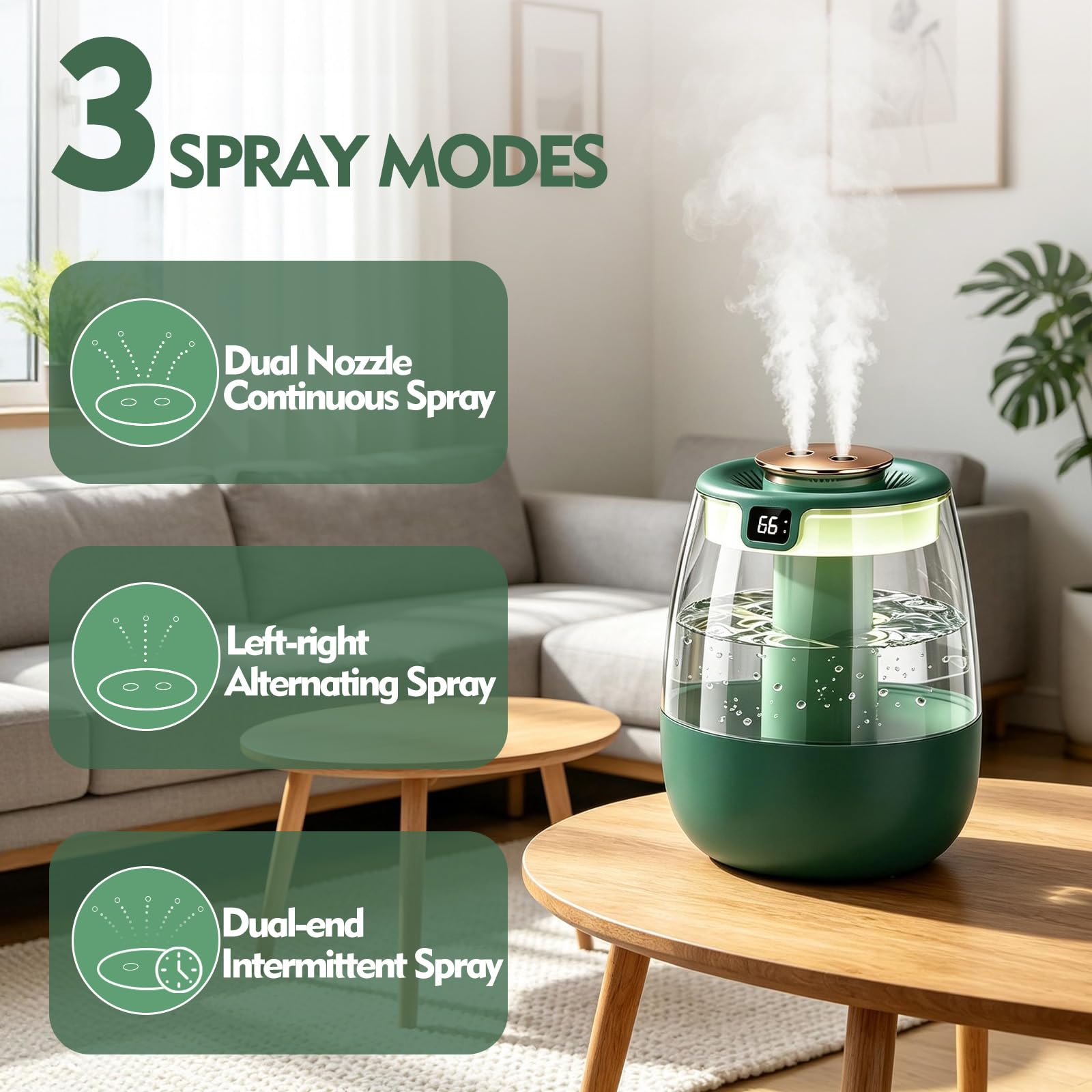 Umidificatore per camera da letto, 1,8 L 20 dB, umidificatore silenzioso a nebbia fredda, spegnimento automatico senza acqua, luce notturna e design a doppio ugello, ideale per camera da letto