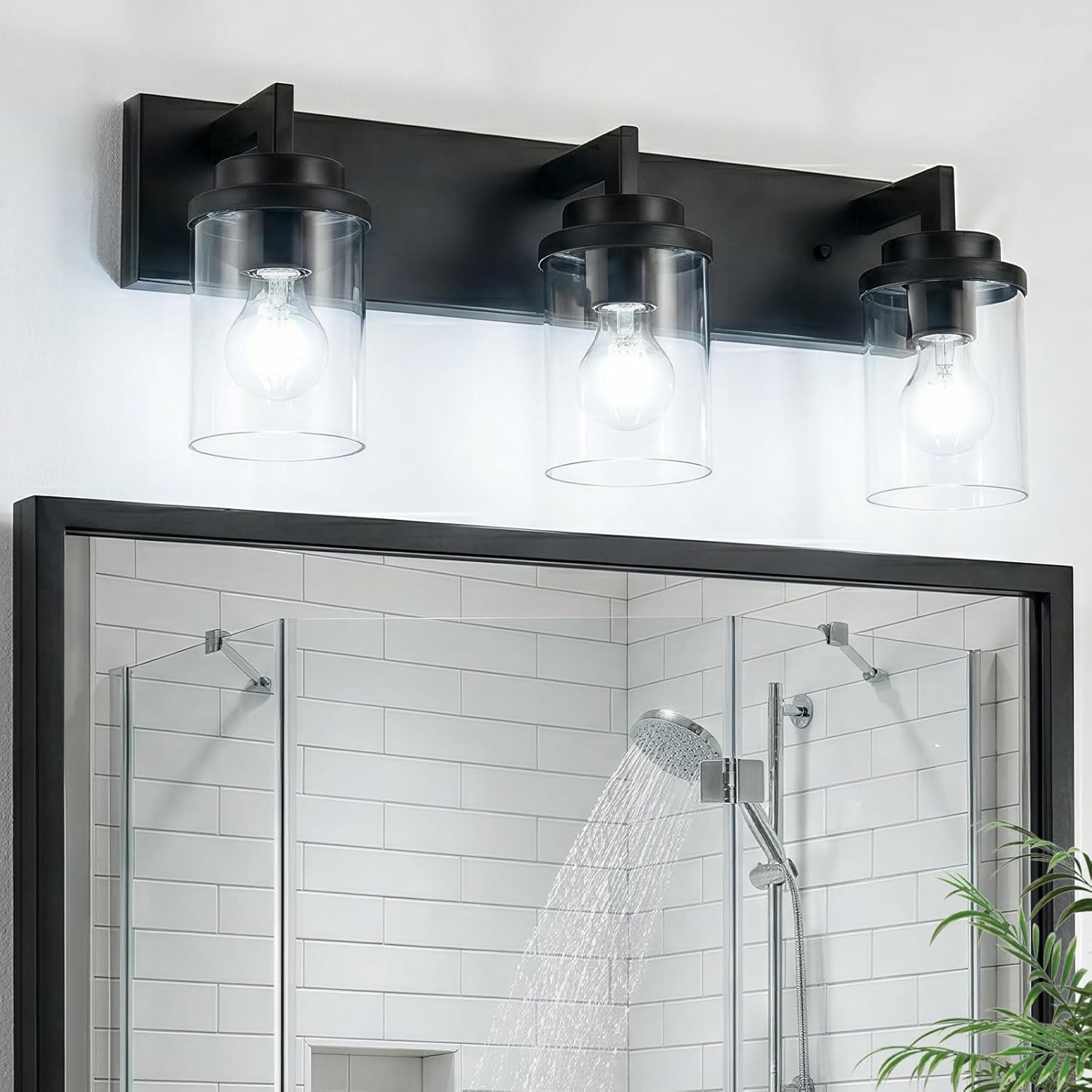 VINLUZ 3 Light Modern Bathroom Vanity Lights, Black Bathroom Lighting Fixtures Over Mirror with Clear Glass Shades, Industrial Wall Sconces Light Fixture for Kitchen Hallway Makeup Dressing